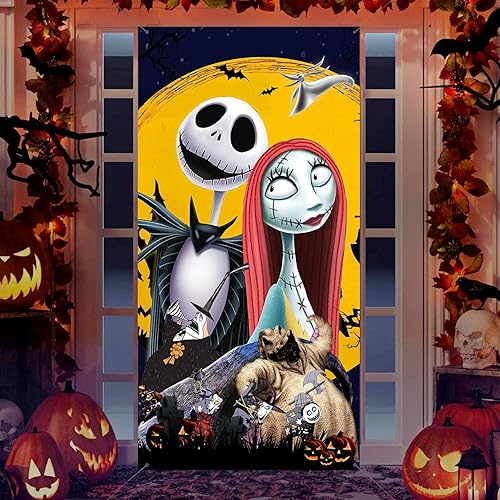 Decoraciones navideñas para puerta, pancarta de Jack Skelington, decoración de puerta de Navidad, temática de película, telón de fondo para puerta