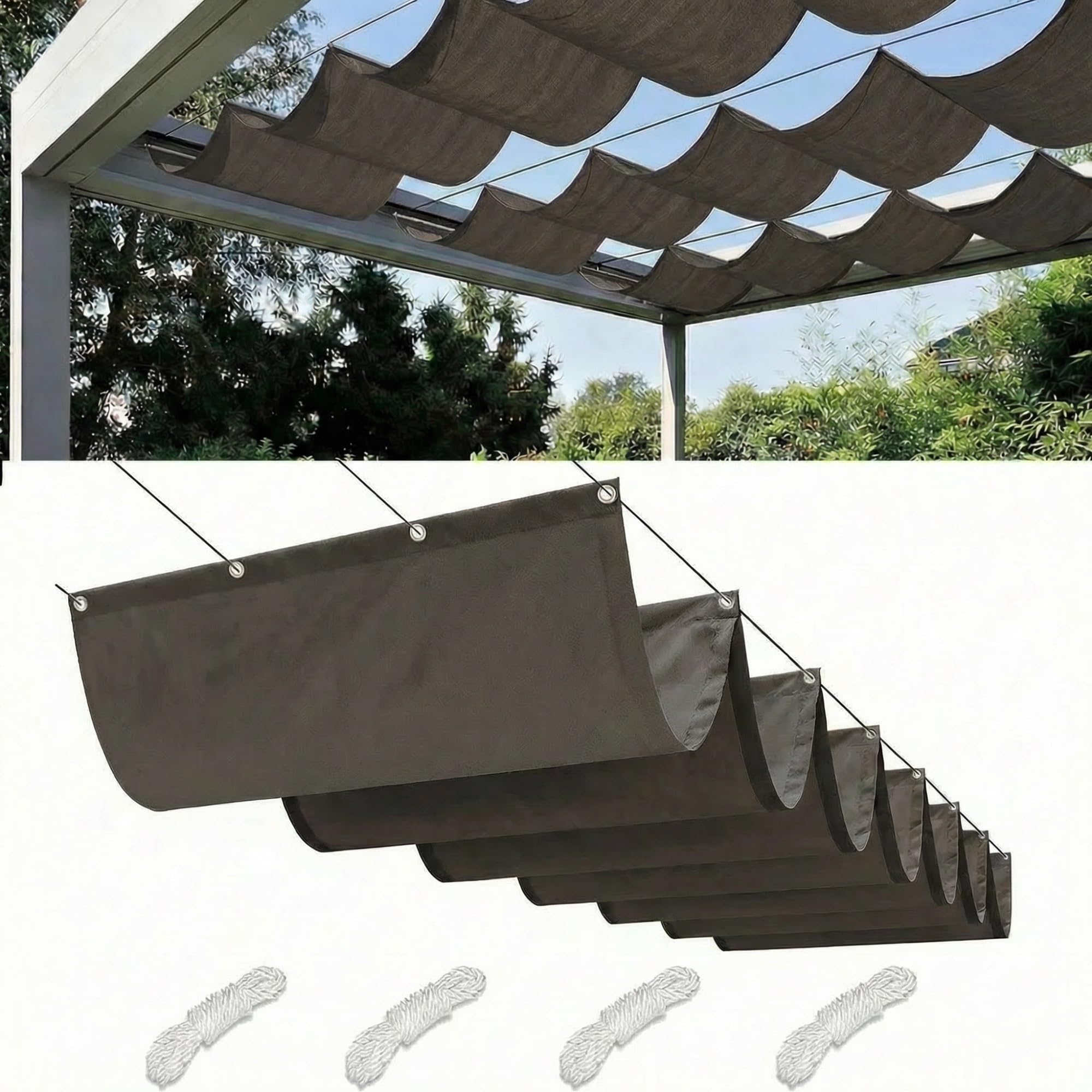 Retractable Wave Sun Shade Sail Waterproof Pergola Cover 95% UV Protection Outdoor Awning Canopy with Ropes for Patio Garden Deck Porch BBQ Shelter Privacy Screen Summer(Charcoal Black,1x1M(L x W))