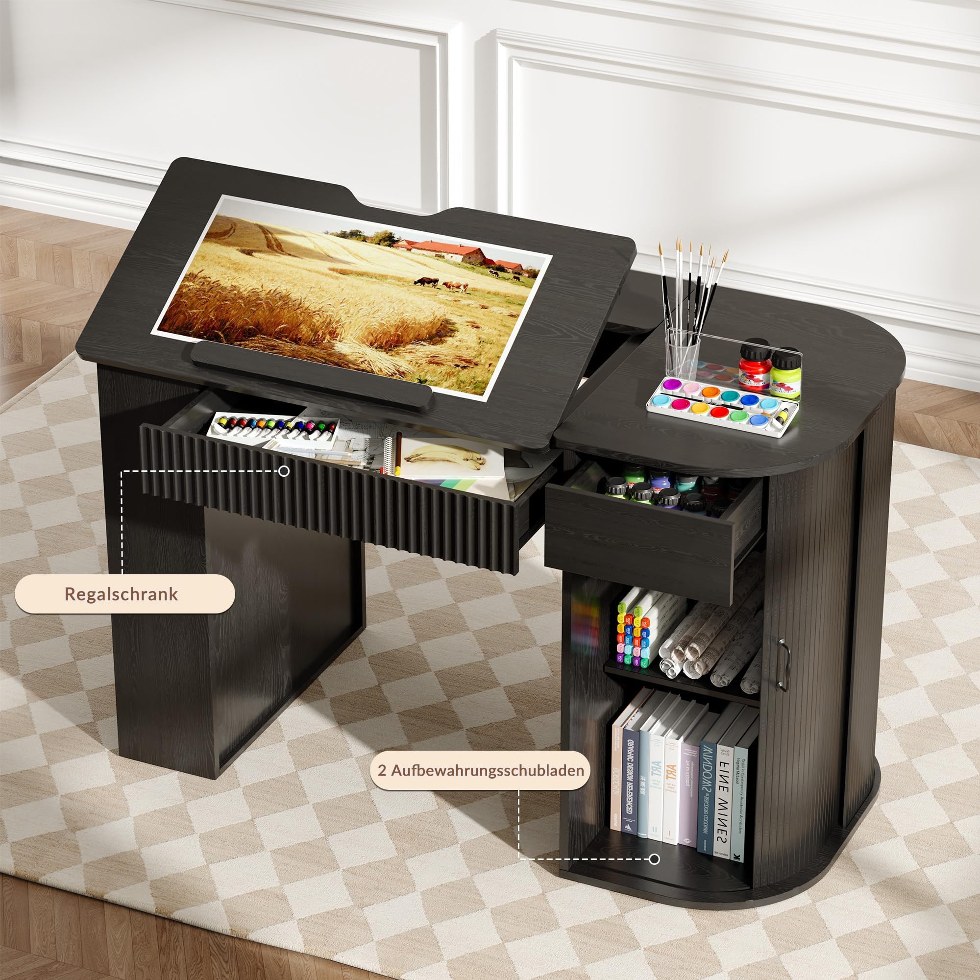 Zeichentisch mit neigbarer Platte, Regal und Schrank, Schwarz | Neigbare Tischplatte, Regal mit 3 Fächern, Schrank mit Tür, Ablageleiste, Für Zeichnen und Malen