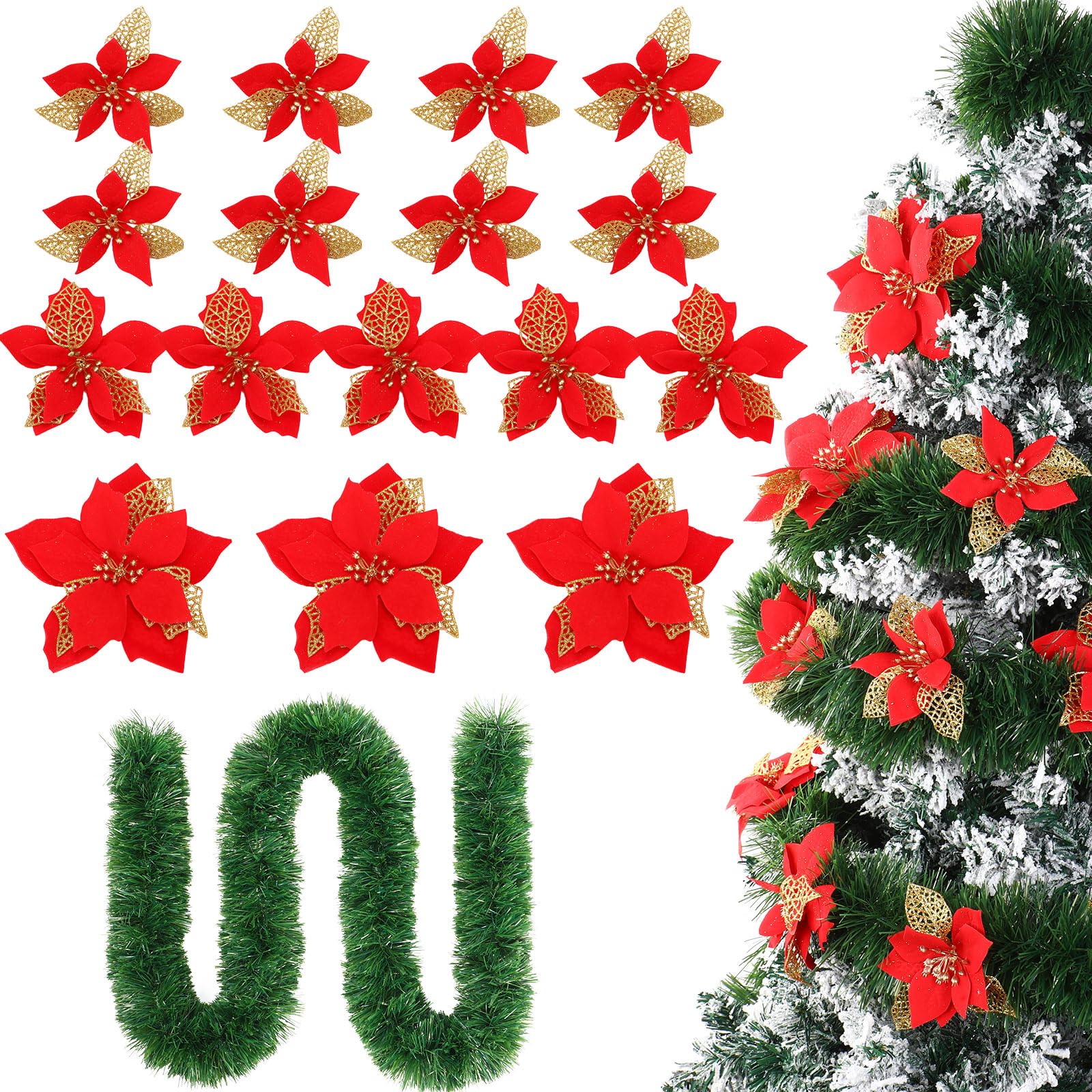Guirlande de Noël artificielle verte 15m avec fleurs de poinsettia