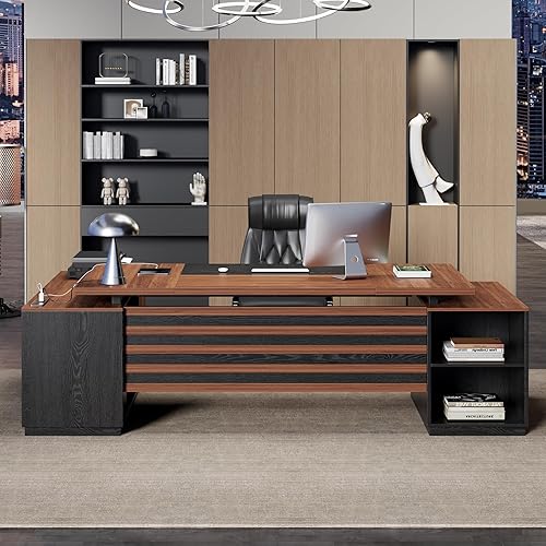 Miniatura 4 de Escritorio ejecutivo en forma de L con cajones, escritorio grande de oficina en casa de 78 pulgadas con toma de corriente y archivador lateral, mesa