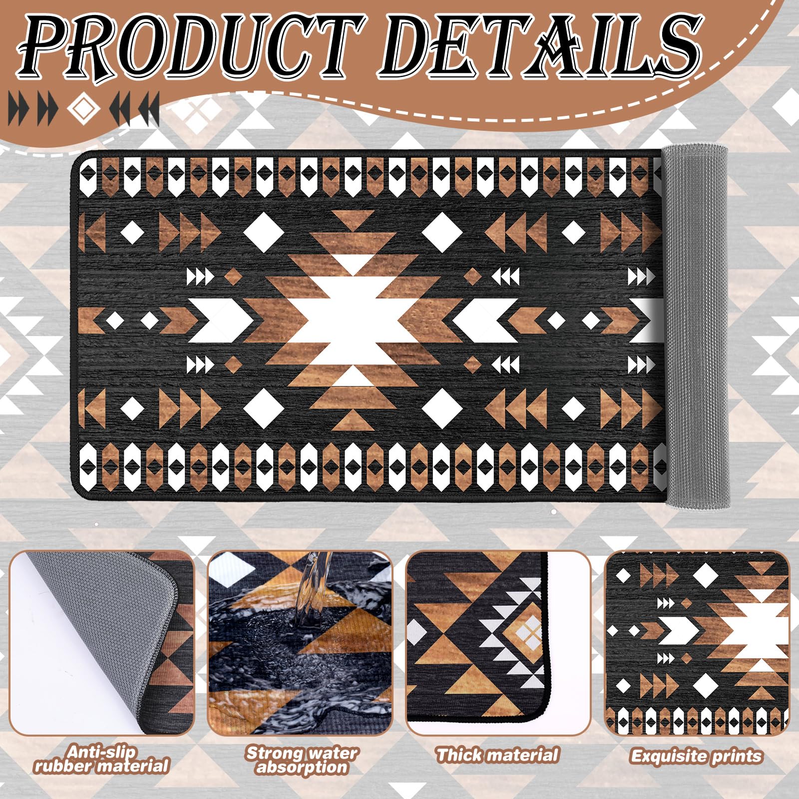 Drydiet Lot de 3 tapis de cuisine aztèques occidentaux et bohèmes - Tapis de sol antidérapants et imperméables - Motif géométrique - Décoration occidentale aztèque pour cuisine, maison, entrée, bar