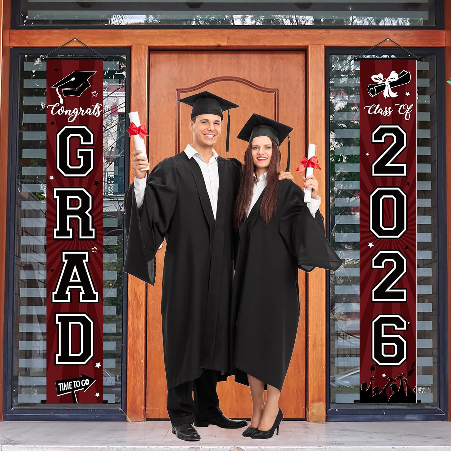 Graduation Banner 2026 Graduation Decorations Maroon and Black Grad Banner Porch Sign Class of 2026 Door Decor Congrats Hanging Backdrop Maroon Grad Party Decor for School Congratulations Supplies