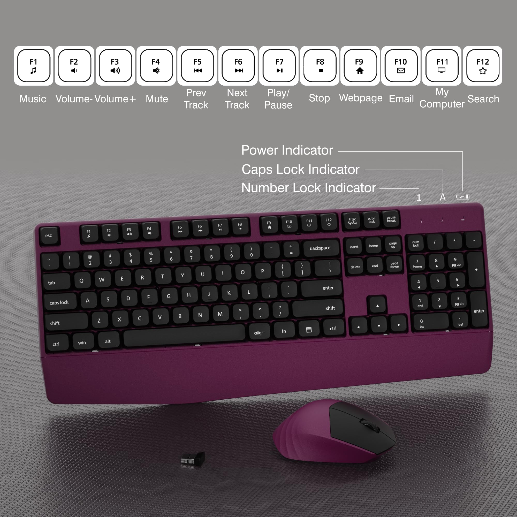 Links9+ Tastiera e mouse wireless Combo, full-size 104 tasti, 2,4 GHz, tastiera wireless con poggiapolsi e mouse wireless per Windows, Mac OS PC/computer/laptop/desktop (bordeaux)