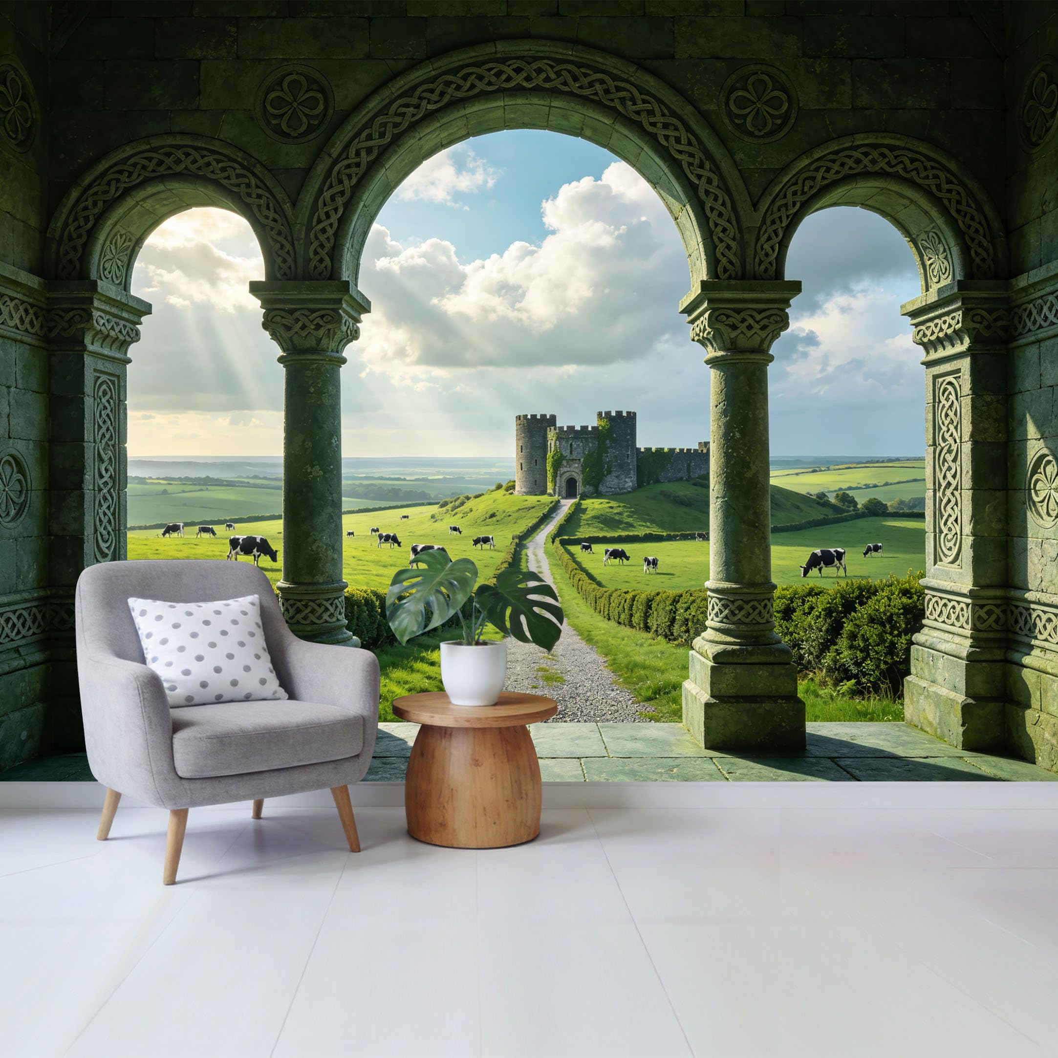 Custom Size Wall Mural Medieval Stone Arch Castle Landscape Pasture View Removable Self Adhesive Fabric Home Wall Decor for Living Room Bedroom Bathroom
