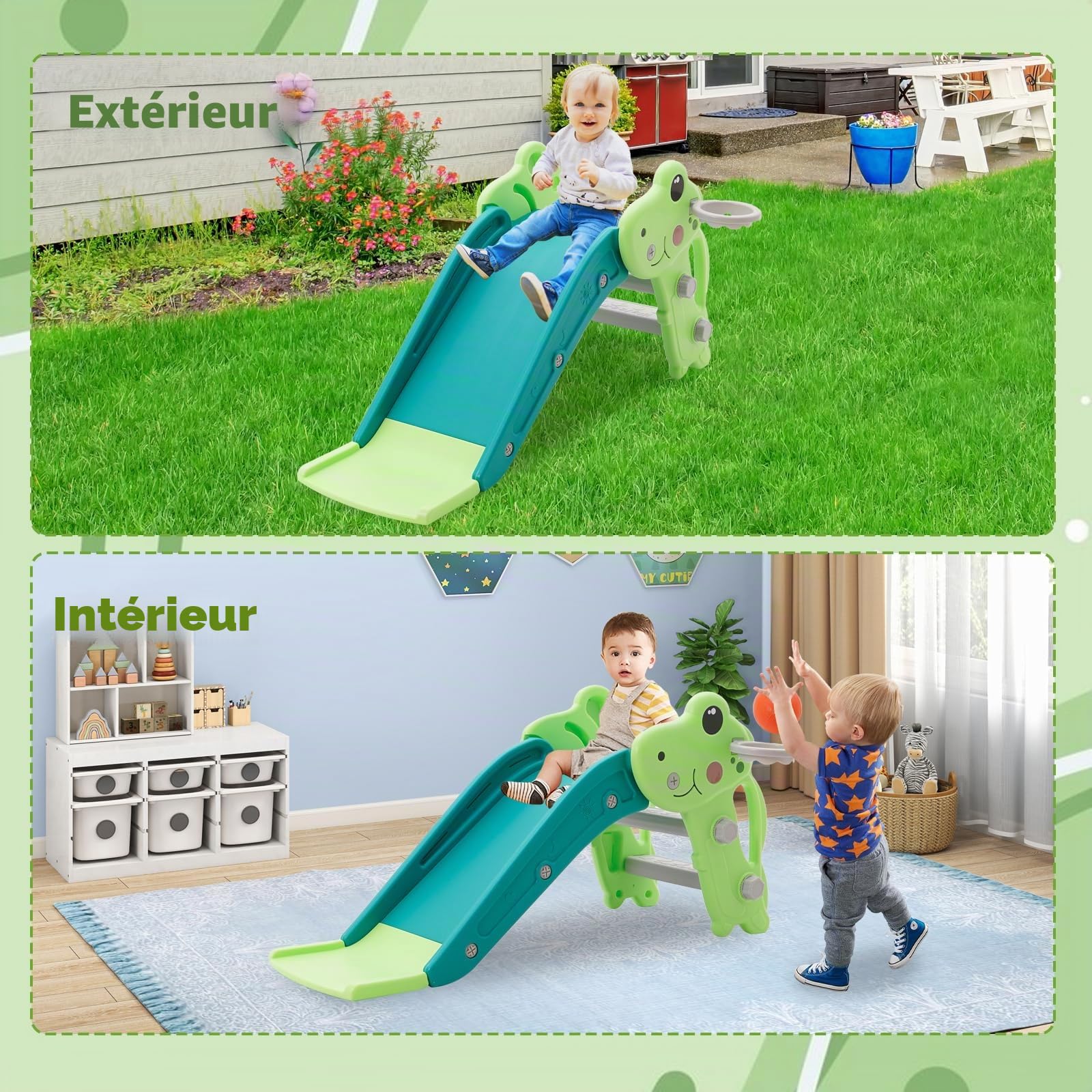 Toboggan Enfant (Vert) - Glisse 100cm - Échelle à Mains Courantes, Marches Antidérapantes - Porte-Ballons Inclus - À Partir de 2 Ans – Jouet Idéal pour Compétences Motrices
