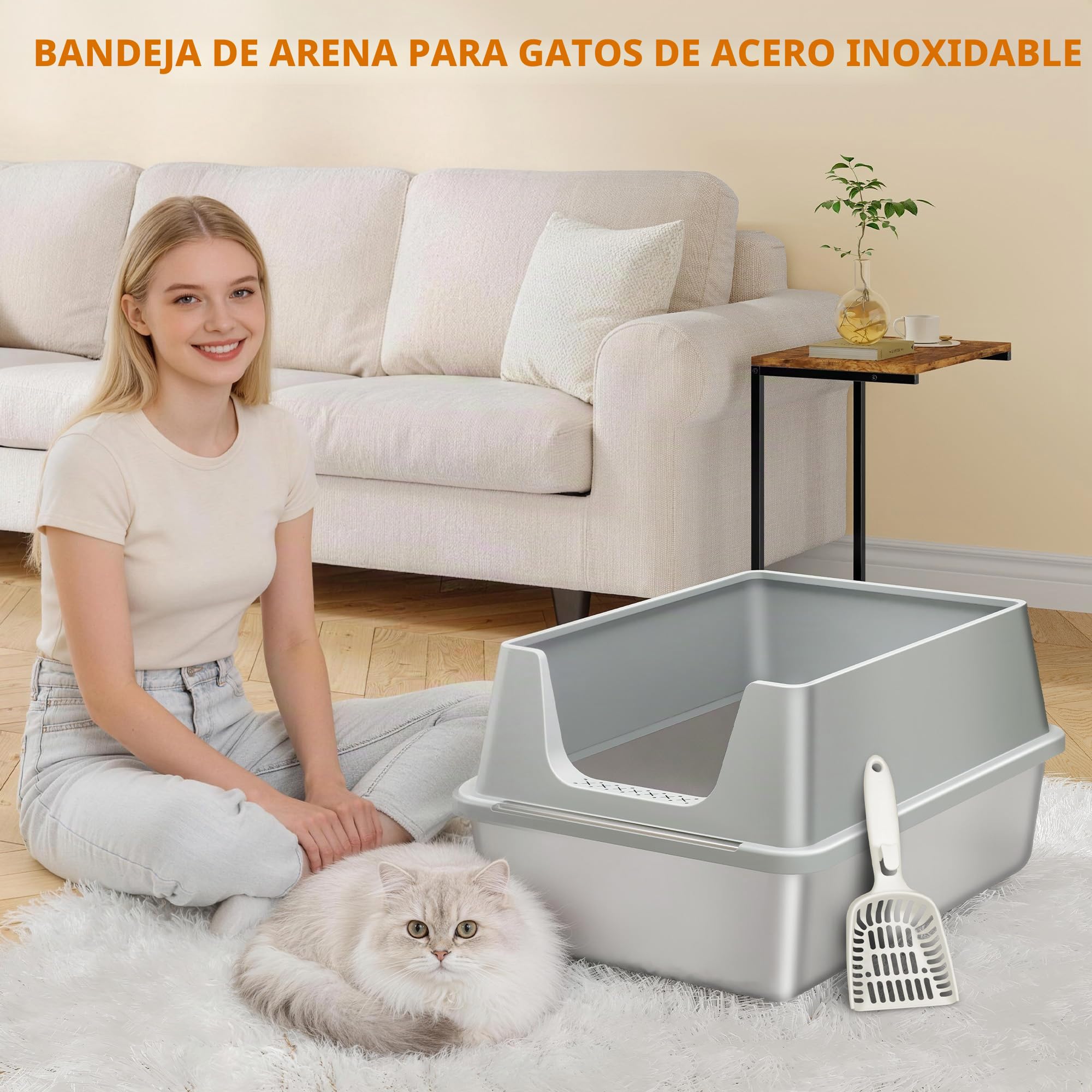 Arenero Acero Inoxidable Gatos XXL, 60,5x40x29cm, Gris Claro | Arenero Metalico para Gato, Caja de Arena Grande para Gatos, Laterales Altos, Incluye Pala, Fácil de Limpiar FPLB003SG1