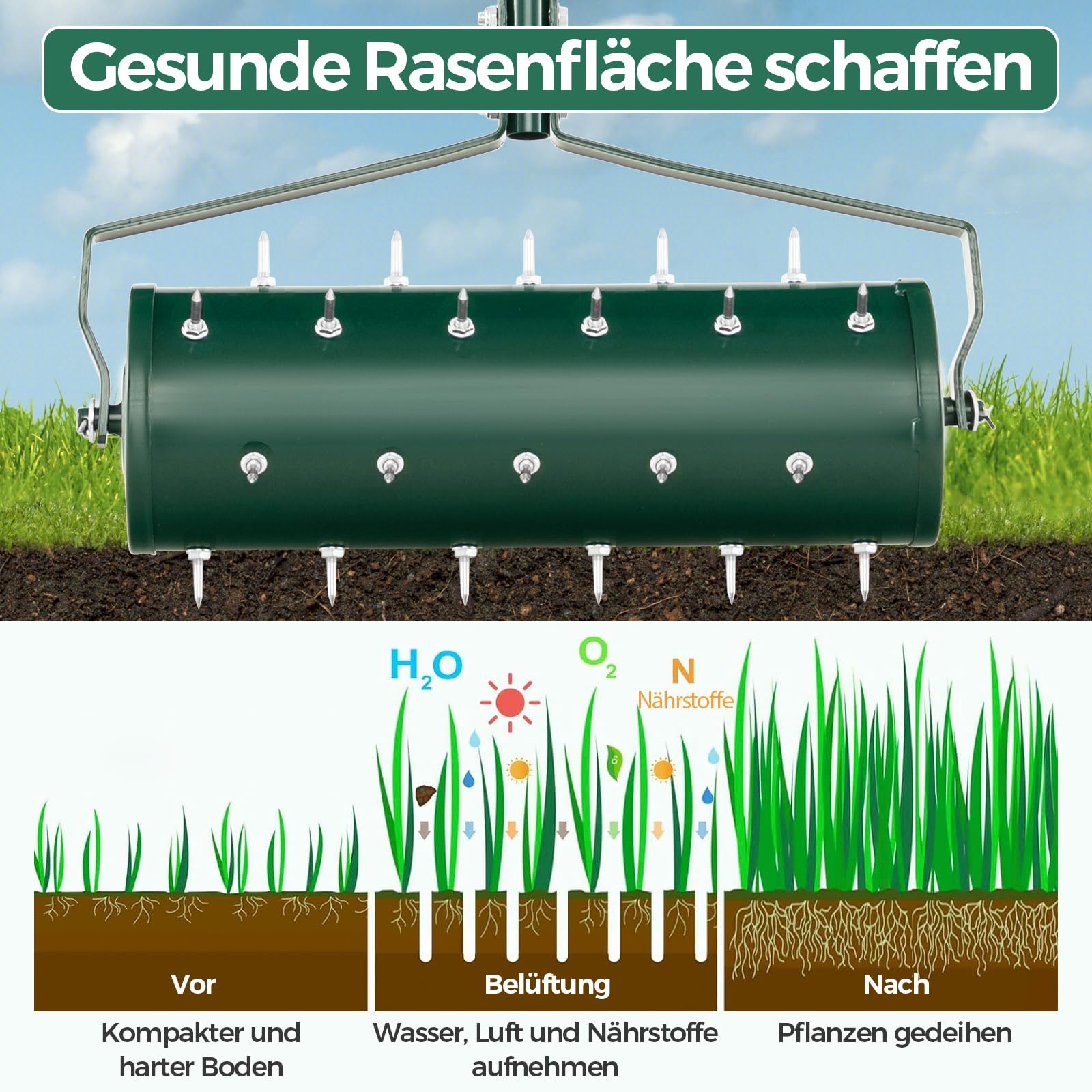 COSTWAY Rasenlüfter Walze manuell, 53 x 130 cm, Rasenrolle mit Stiel & Nägeln, Handvertikutierer rollend, Rasenbelüfter Gartenwalze, Vertikutierer Rasenwalze Garten Hof Rasen, Grün
