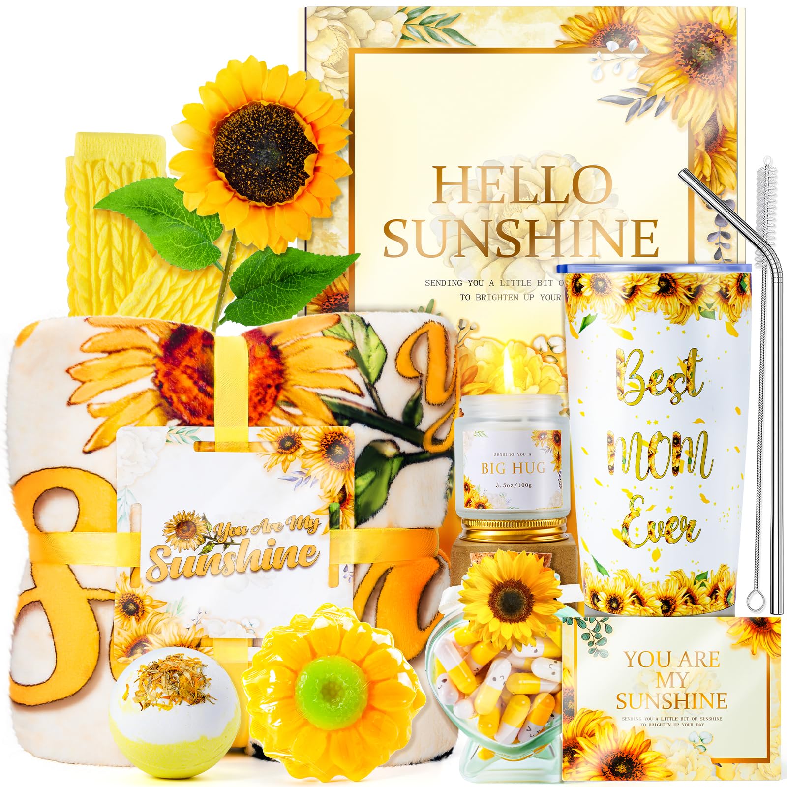 Sending Sunshine Gift for Her, 10 Pcs Sunflower Gifts for Women, Sunflower Mothers Day Gifts Care Package Birthday Gifts Box Thinking of You Gift for Women with Inspirational Blanket for Mom
