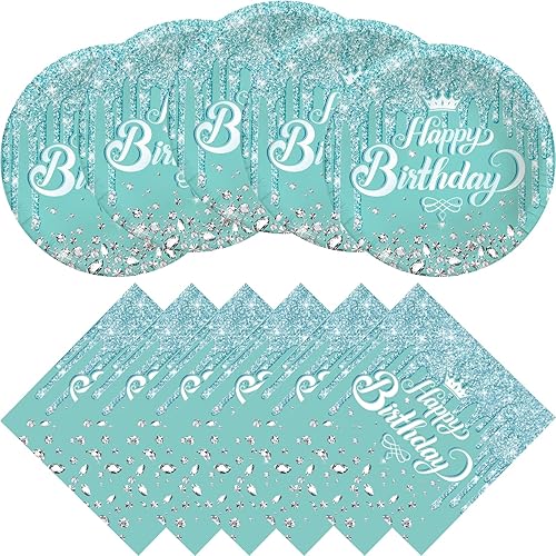 Suministros de fiesta de cumpleaños verde azulado y plateado, 20 platos y 20 servilletas, decoraciones de fiesta de cumpleaños temáticas verde