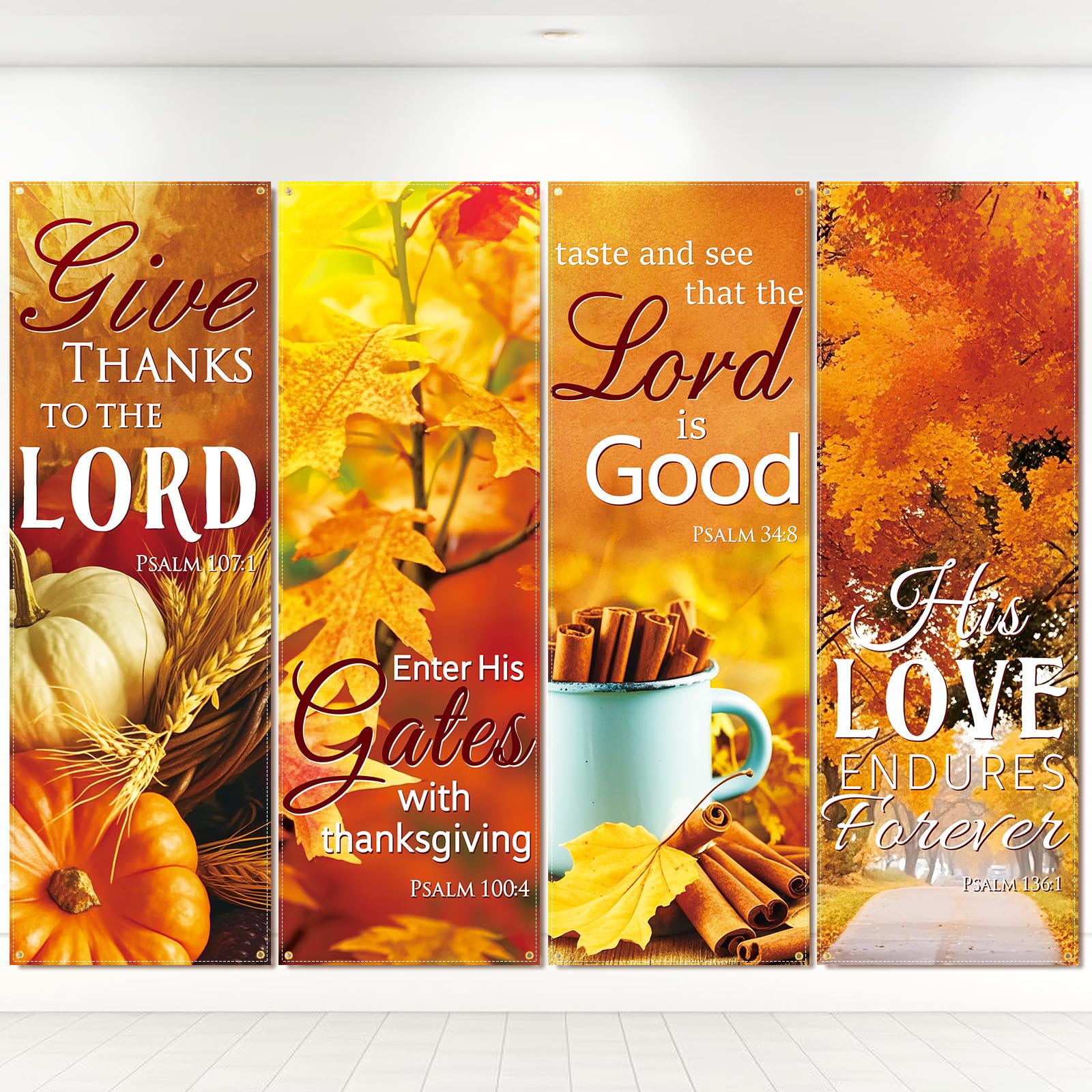 JarThenaAMCS 4Pcs Fall Church Banners for Sanctuary Wall Autumn Harvest Inspirational Bible Verse Hanging Sign for Sunday School Thanksgiving Classroom Home Office, 2 x 6 Feet