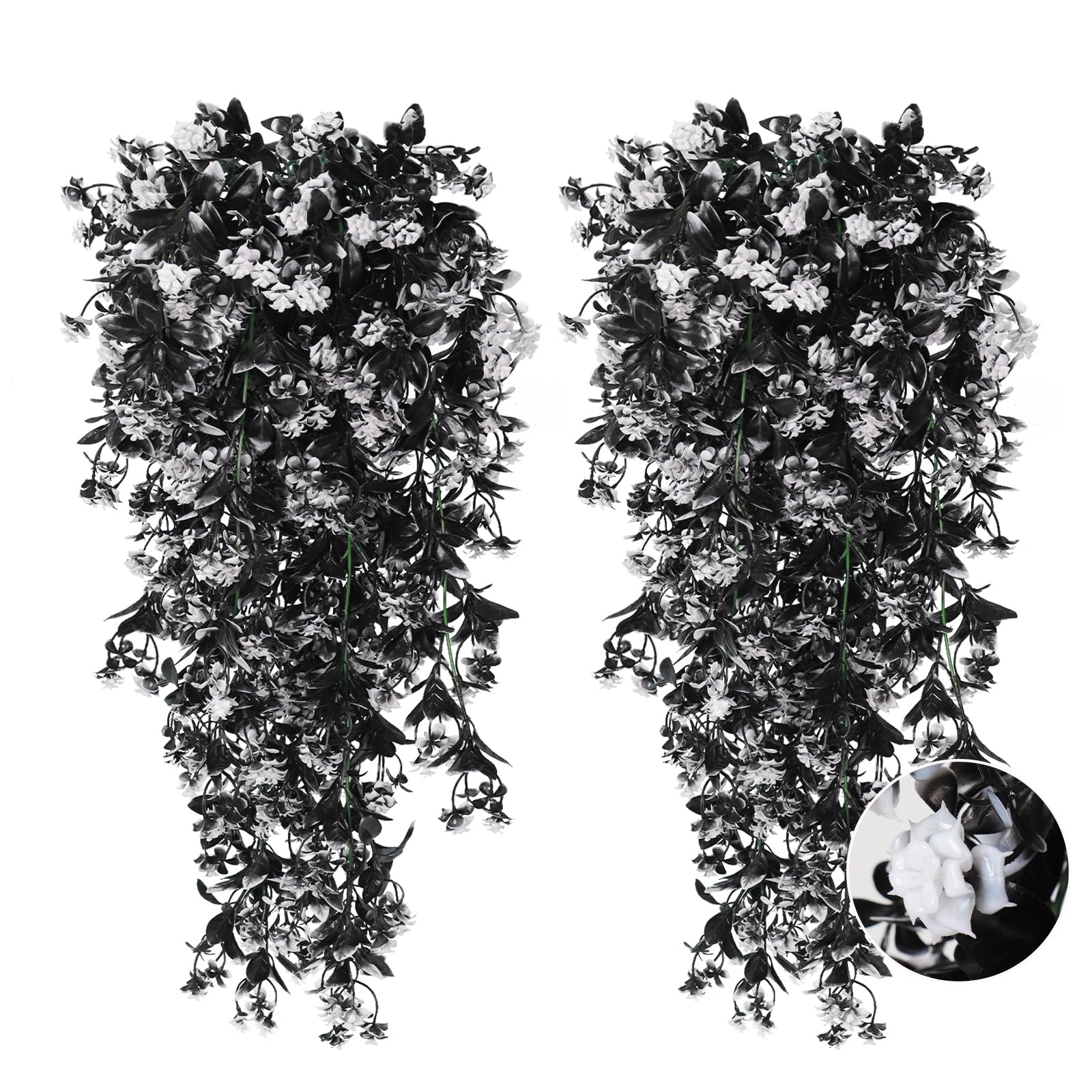 RECUTMS Realistic Artificial Black Hanging Plants Pack of 2 Faux Black Hanging Plant Outdoor Indoor with Lights LED Fairy String Rose Fake Hanging