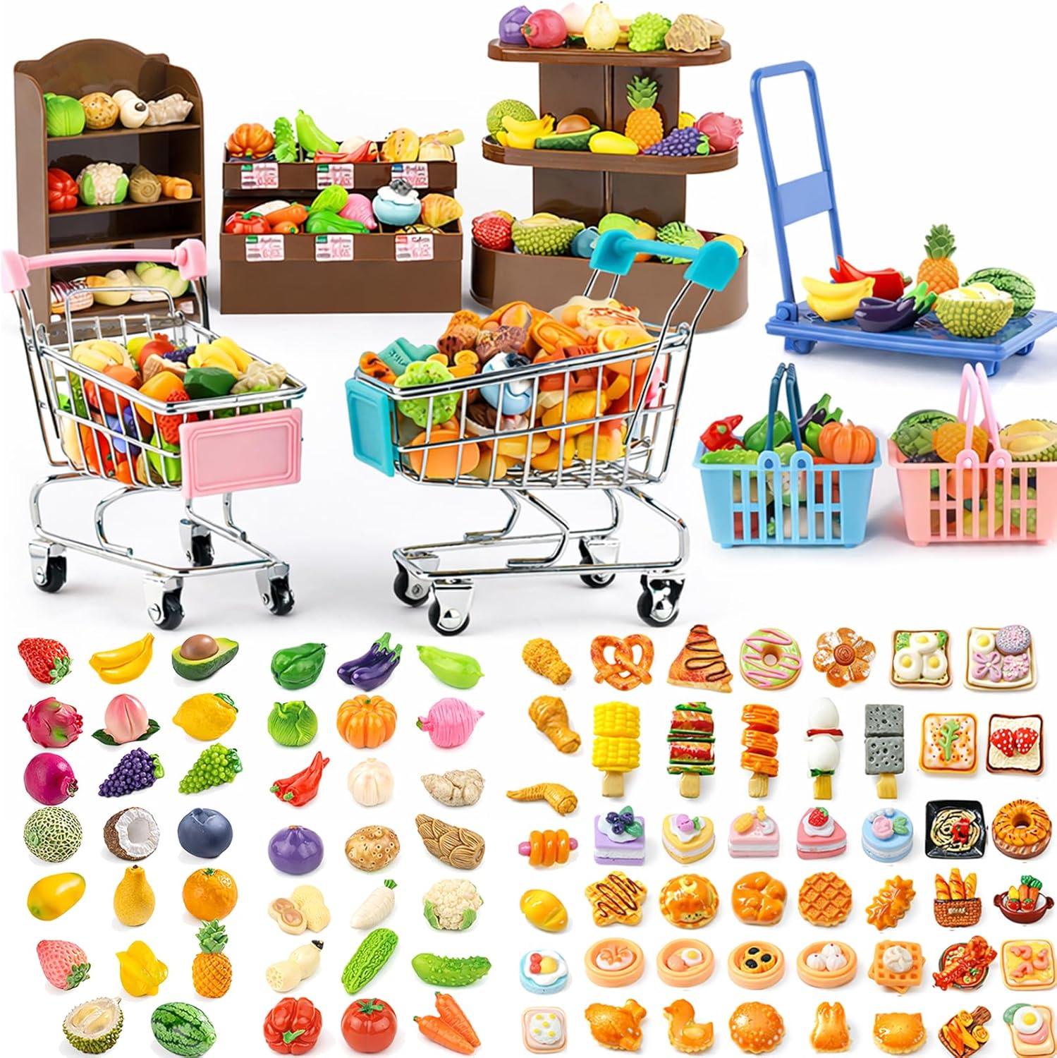 Mini Shopping Cart Basket, Miniature Grocery Toys 3 Supermarket Shelves Play Store 100+ Fruit Vegetable Cake Bread Mini Food Miniature Dollhouse Accessories with Push Cart