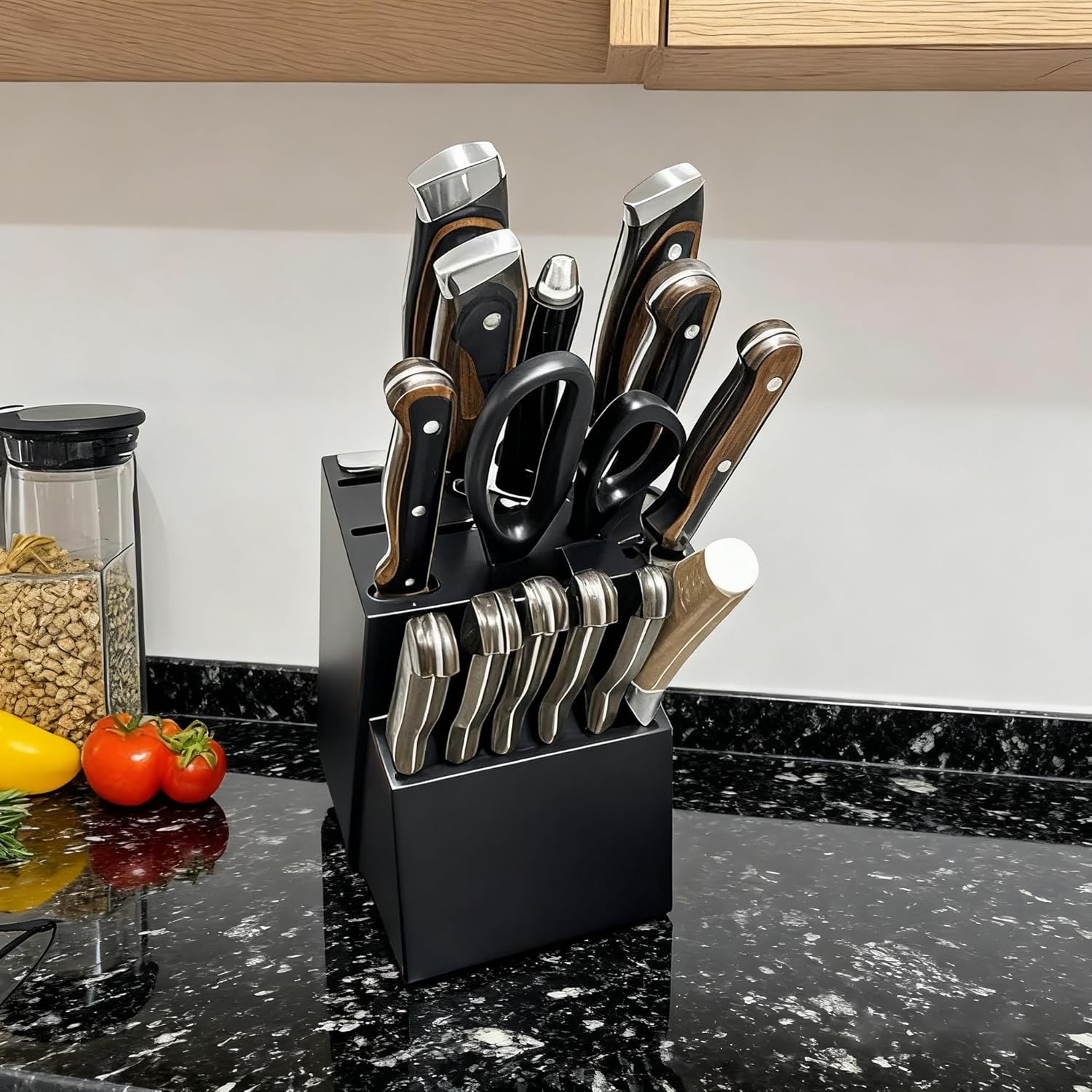 Teak Wood Knife Block Organizer, 14-Slot Kitchen Counter Storage Holder, Universal Design