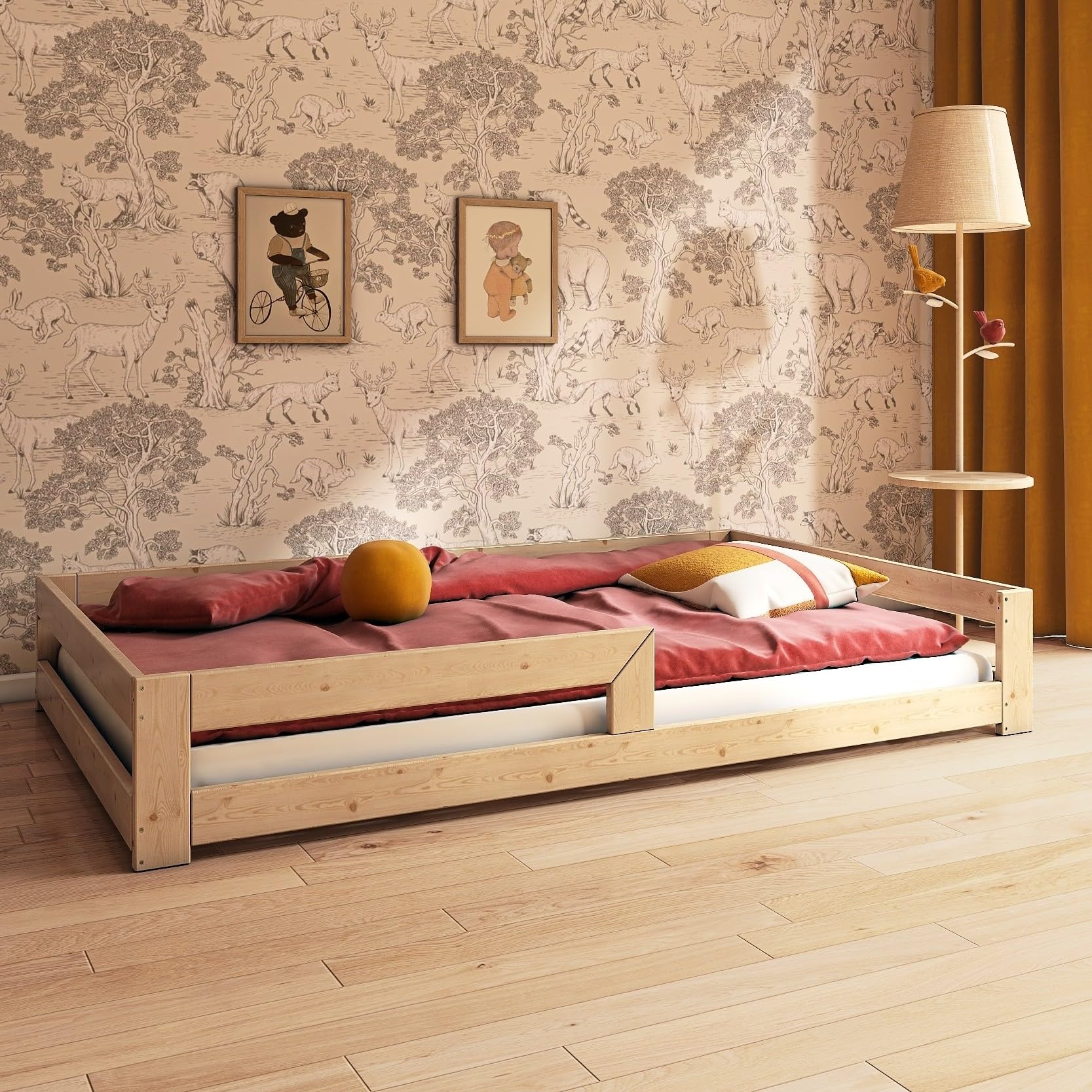 MYBOO Montessori Bodenbett 140x200 Cm - Mit Rausfallschutz & Tür | Massivholz Kinderbett Ohne Matratze