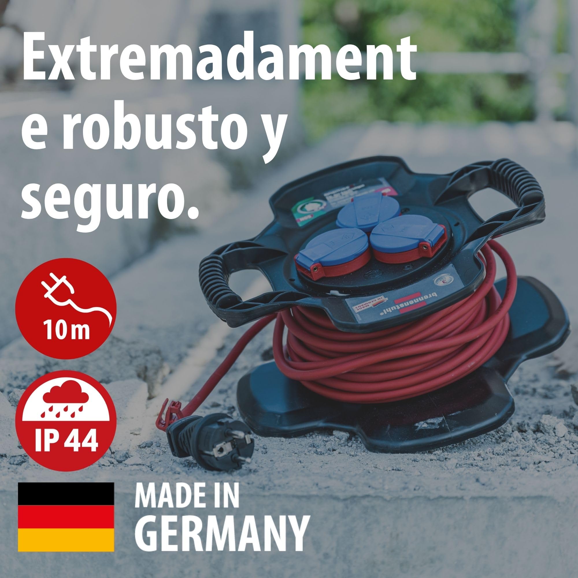 Brennenstuhl enrollacables X-Gum con 3 tomas de corriente, alargador enrollable de cable 10 m (uso en exteriores, irrompible, fabricado en alemania)