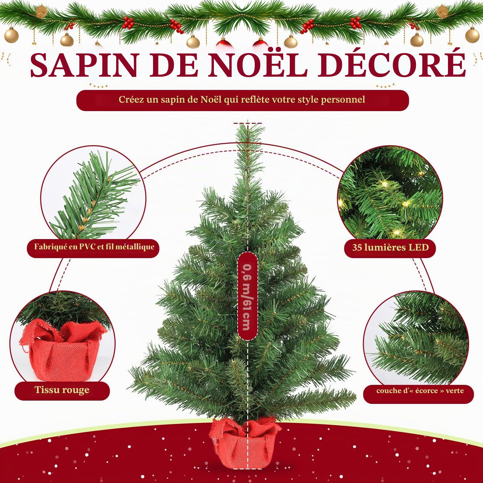 Gfilay Sapin de Noël pré-éclairé de table avec guirlande lumineuse LED – Mini décoration de chambre portable – 0,6 m