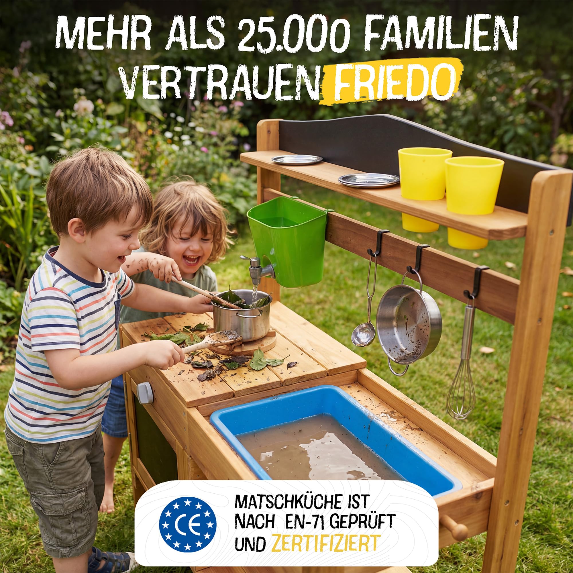 FRIEDO Matschküche Kinder Outdoor mit Schutzlasur I Inkl. Ofen und Zubehör wie 1,2 L Wasserspender, Töpfen etc. I Lasierte Gartenküche wettersicher I Sommer Kinderküche für den Garten I Mud Kitchen