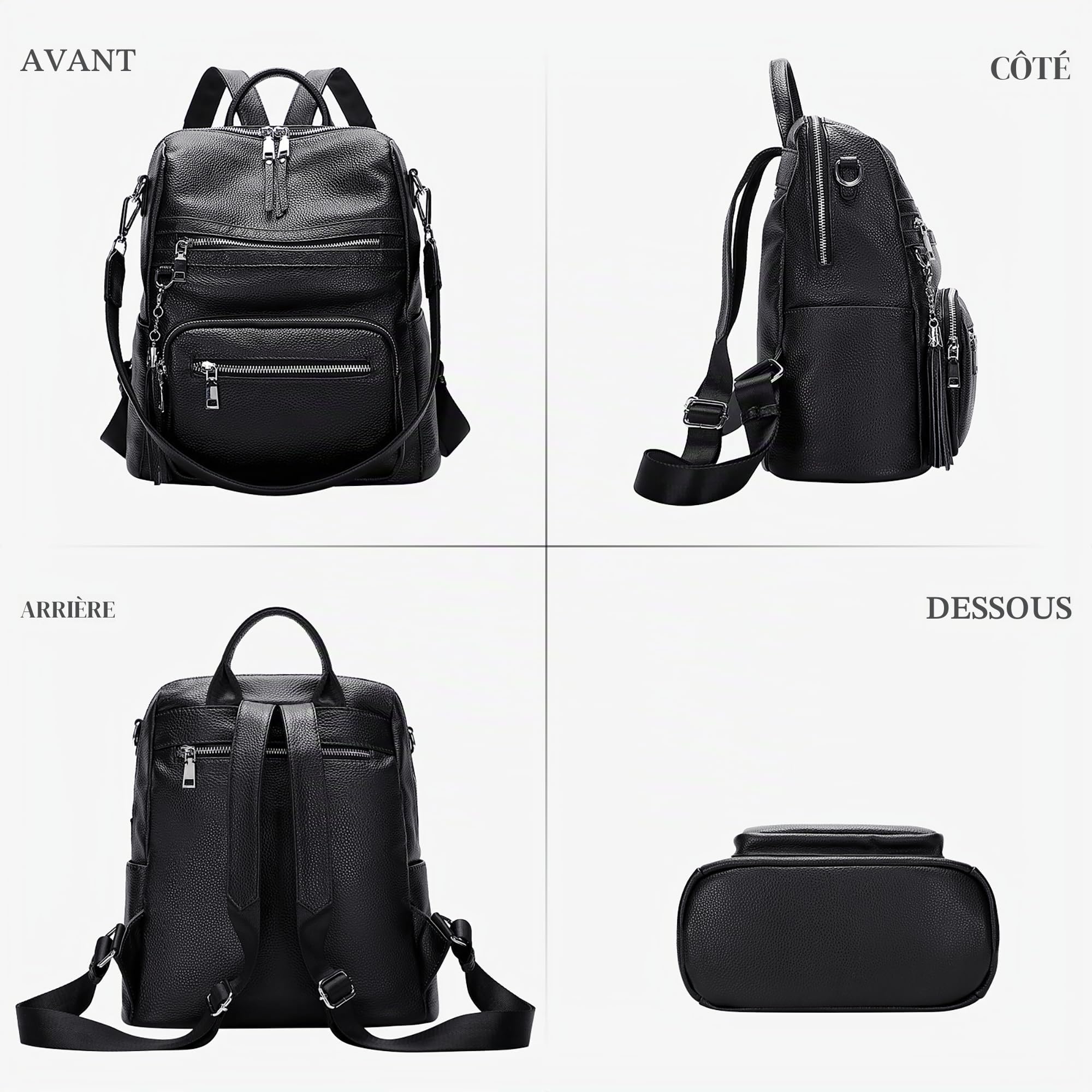 ALTOSY Sac à Dos Cuir Femme Véritable Grand Élégant Souple Bandoulière | Pour ipad 11", Multi-poches, Sac à Dos Décontracté Convertible pour Quotidien, Voyage, Déplacements, S106 Noir