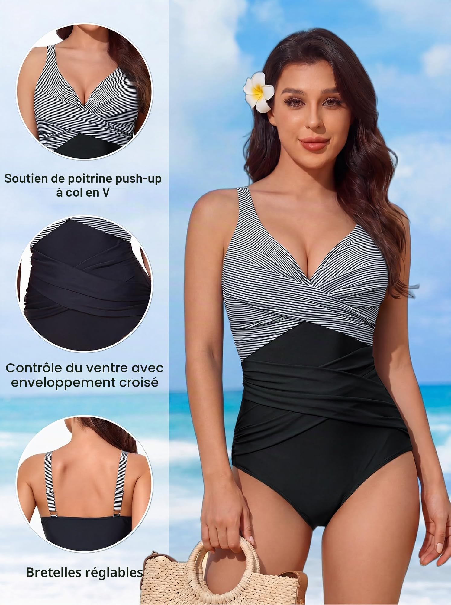 Smismivo Maillot de Bain Une pièce pour Femme Le contrôle du Ventre Push up Maillot de Bain Femme 1 Pieces Amincissante Slim Elégant Vintage Ruché Effet Halter Rembourré Swimsuit