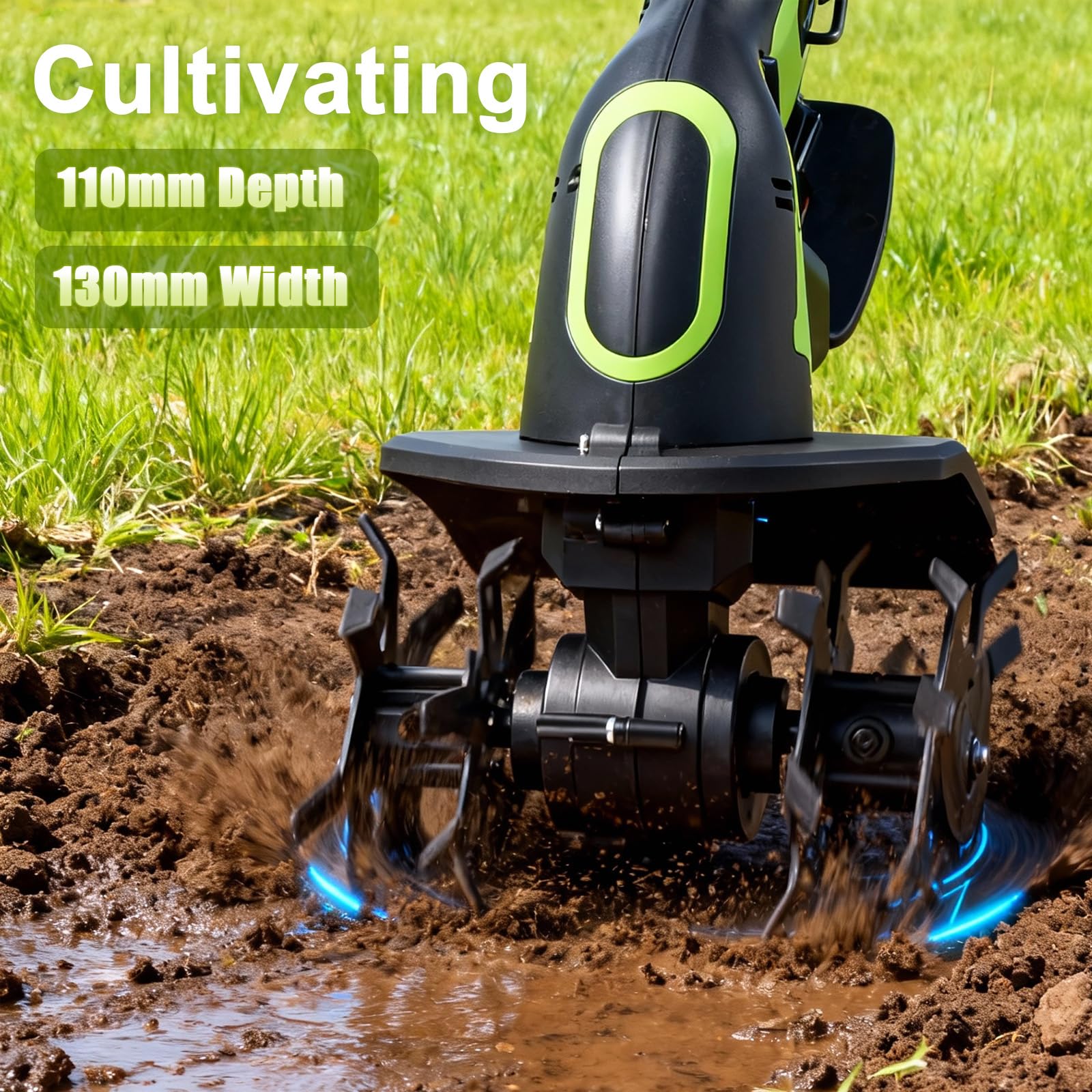 Bodenhacke Elektrisch, 21V Bodenhacke Elektrisch mit 2 Akkus 3000mAh Sternfräse Gartenfräse,10 cm Arbeitstiefe, 10 cm Arbeitsbreite, Gartenfräse Motorhacke für Auflockern, Bearbeiten und Kompostieren