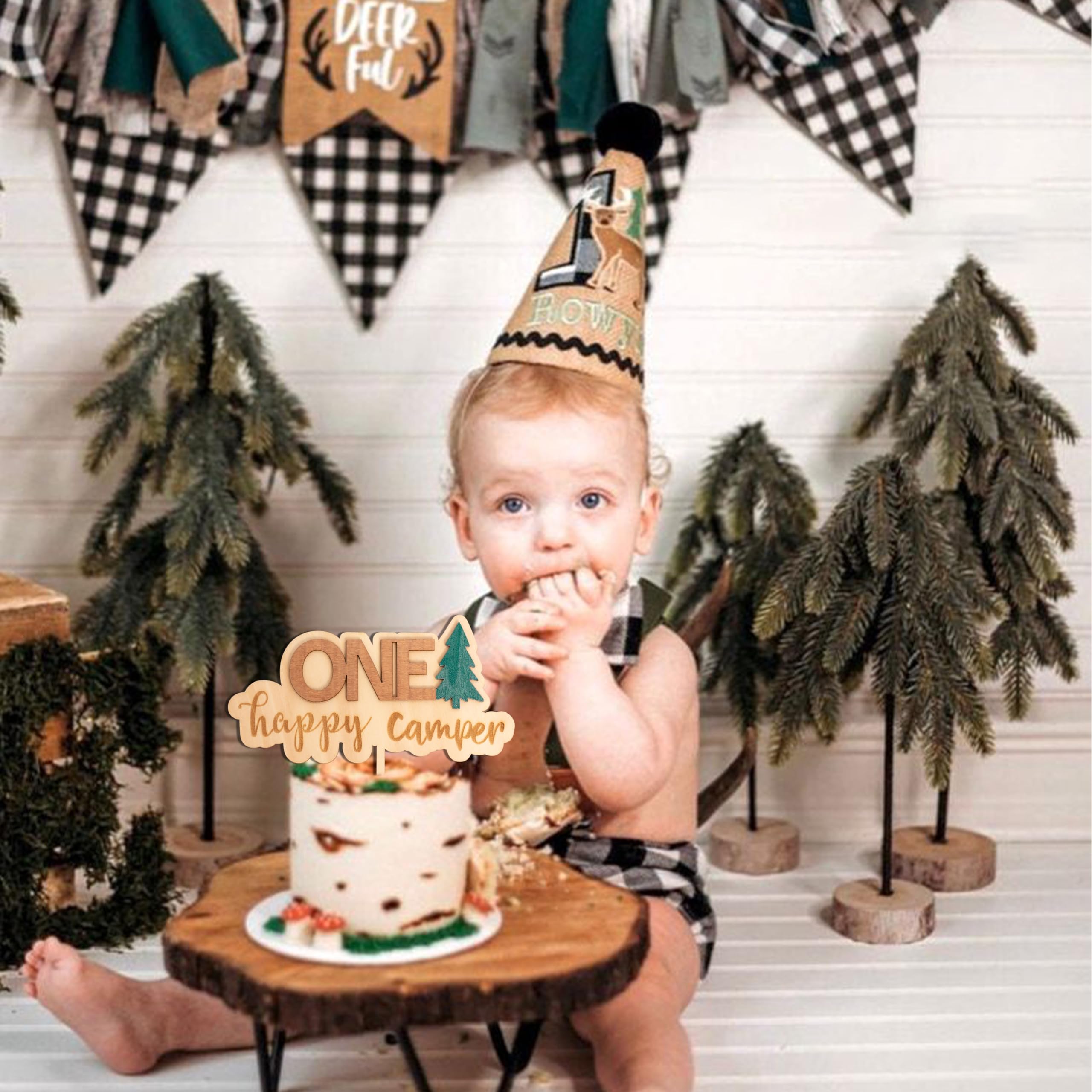 LaVenty One Happy Camper Birthday Decoration Set - Cake Topper, Photo Banner, Banners