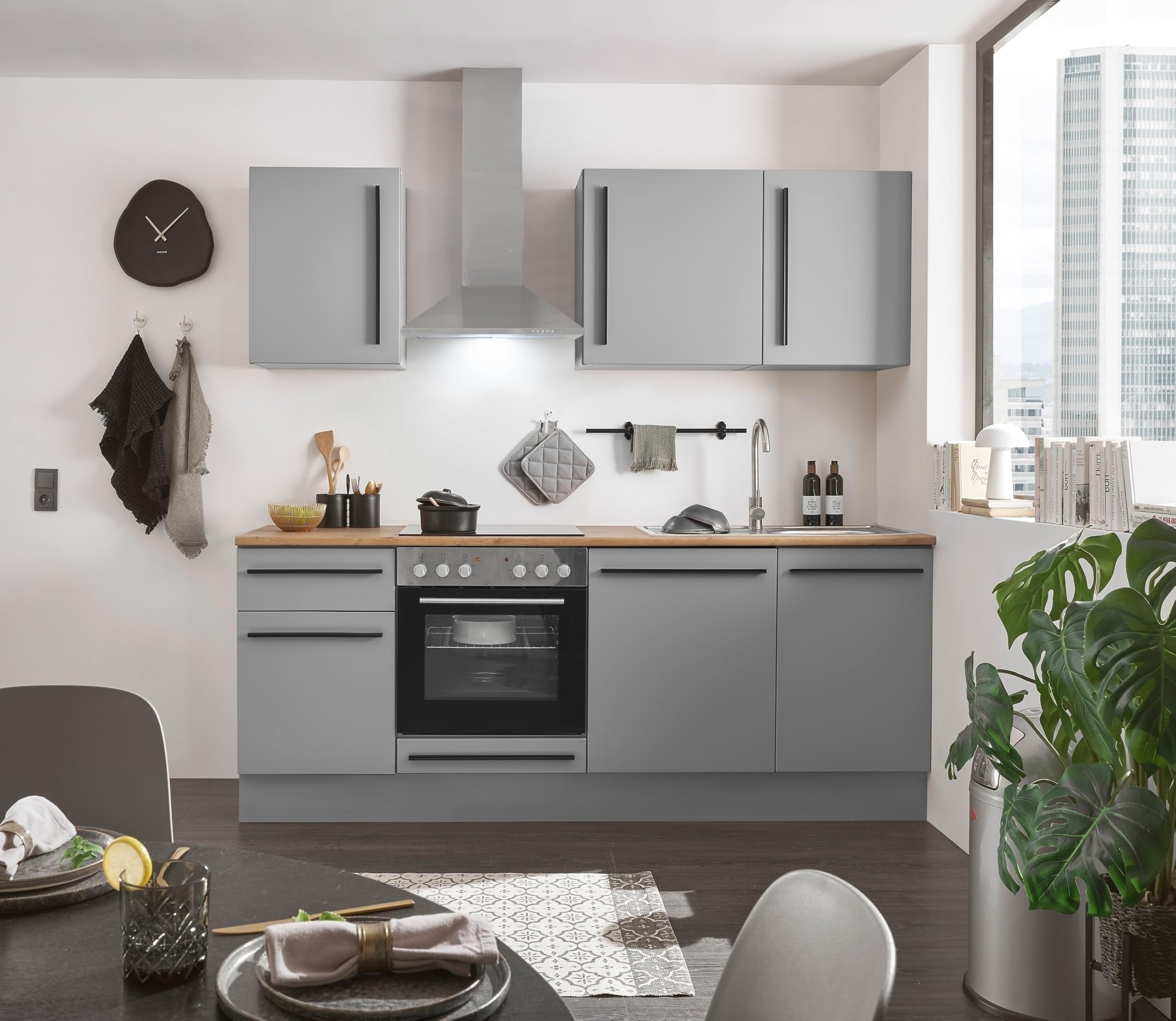 möbelando Küchenzeile Denver 220 cm – Moderne Kompaktküche mit Softclose, Arbeitsplatte Lancelot Eiche & Grau Matt Fronten – Ideal für kleine Wohnküchen