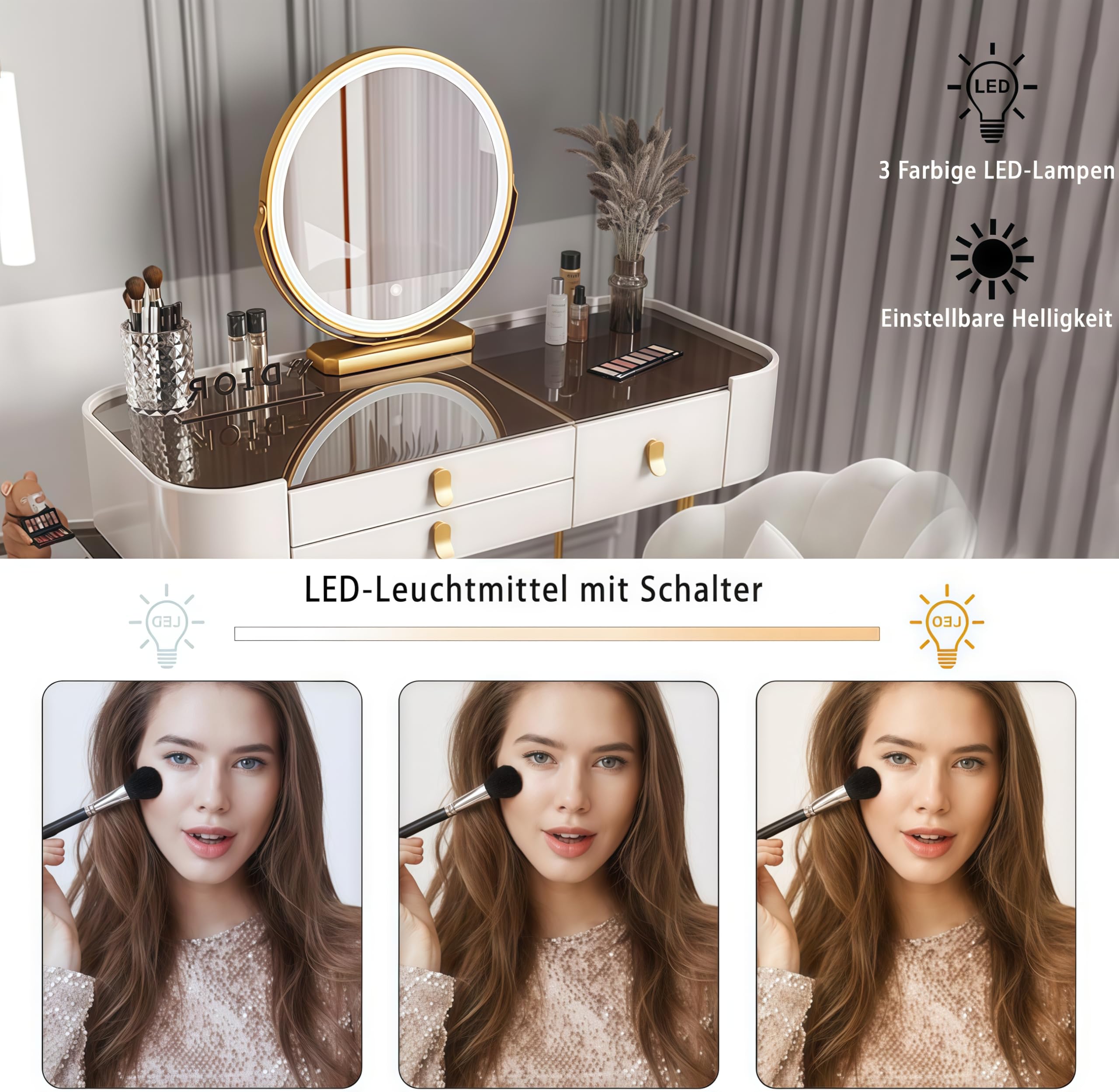 Schminktisch mit LED-Beleuchtung, Spiegel, 6 Schubladen, Weißes Schminktisch-Set