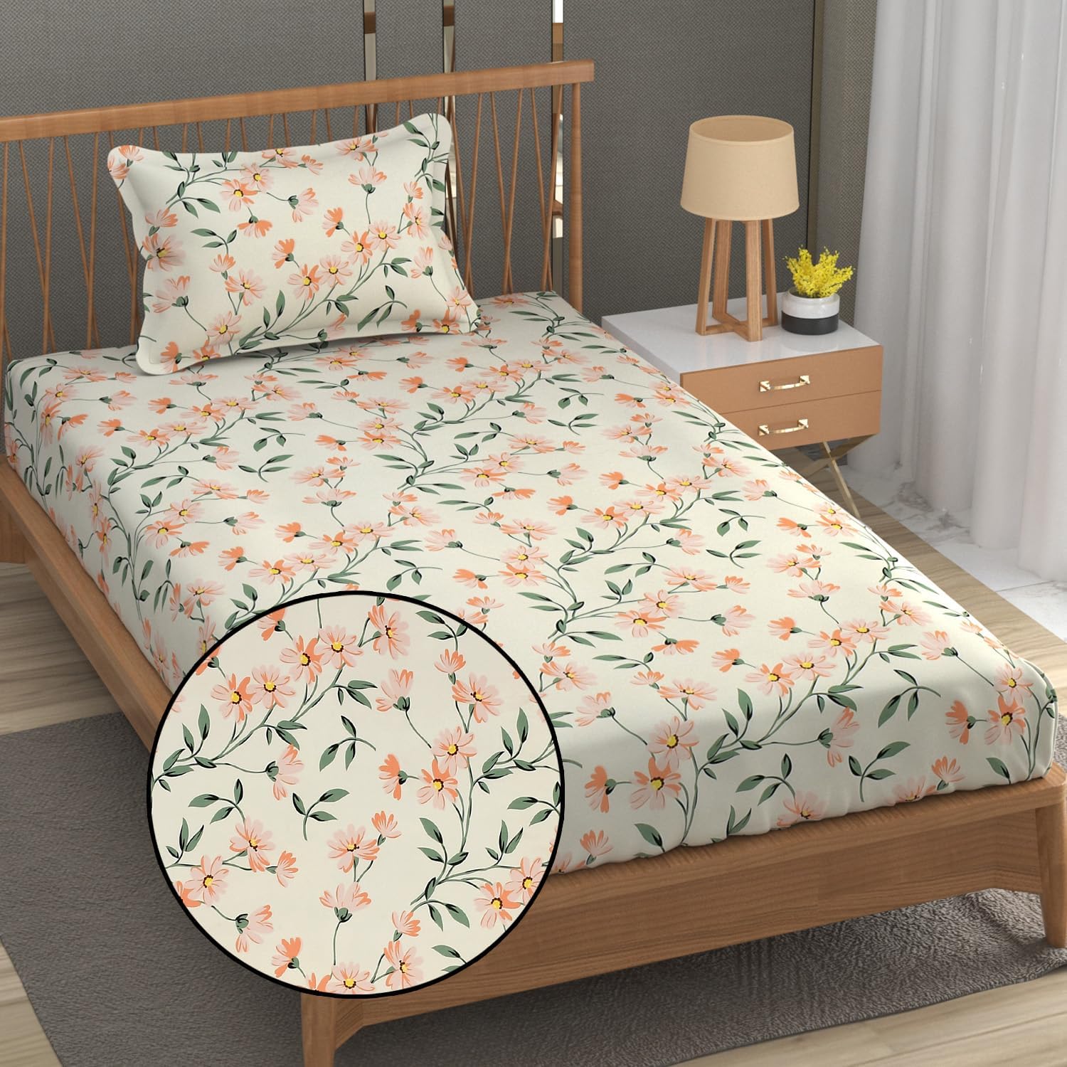 DECOMIZER Cotton Feel All Around Elastic Fitted Glace Printed Single Bed Bedsheet with 1 Large Pillow Cover Fits Upto Mattress of 6 Inches,Size - 42 x 75 x 8 Inches, Cream Color