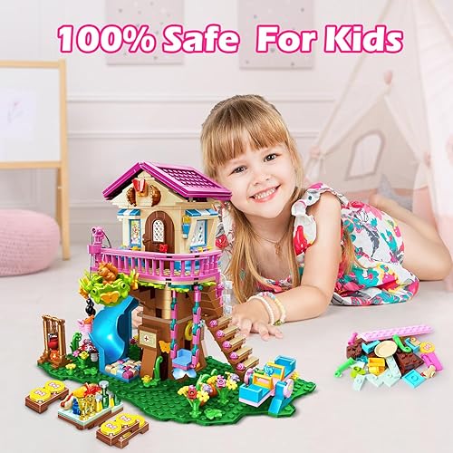 Miniatura 9 de HOGOKIDS Juego de construcción de casa de árbol con luz LED, 622 piezas de bloques de construcción de casa de árbol, juguetes de casa con tobogán,