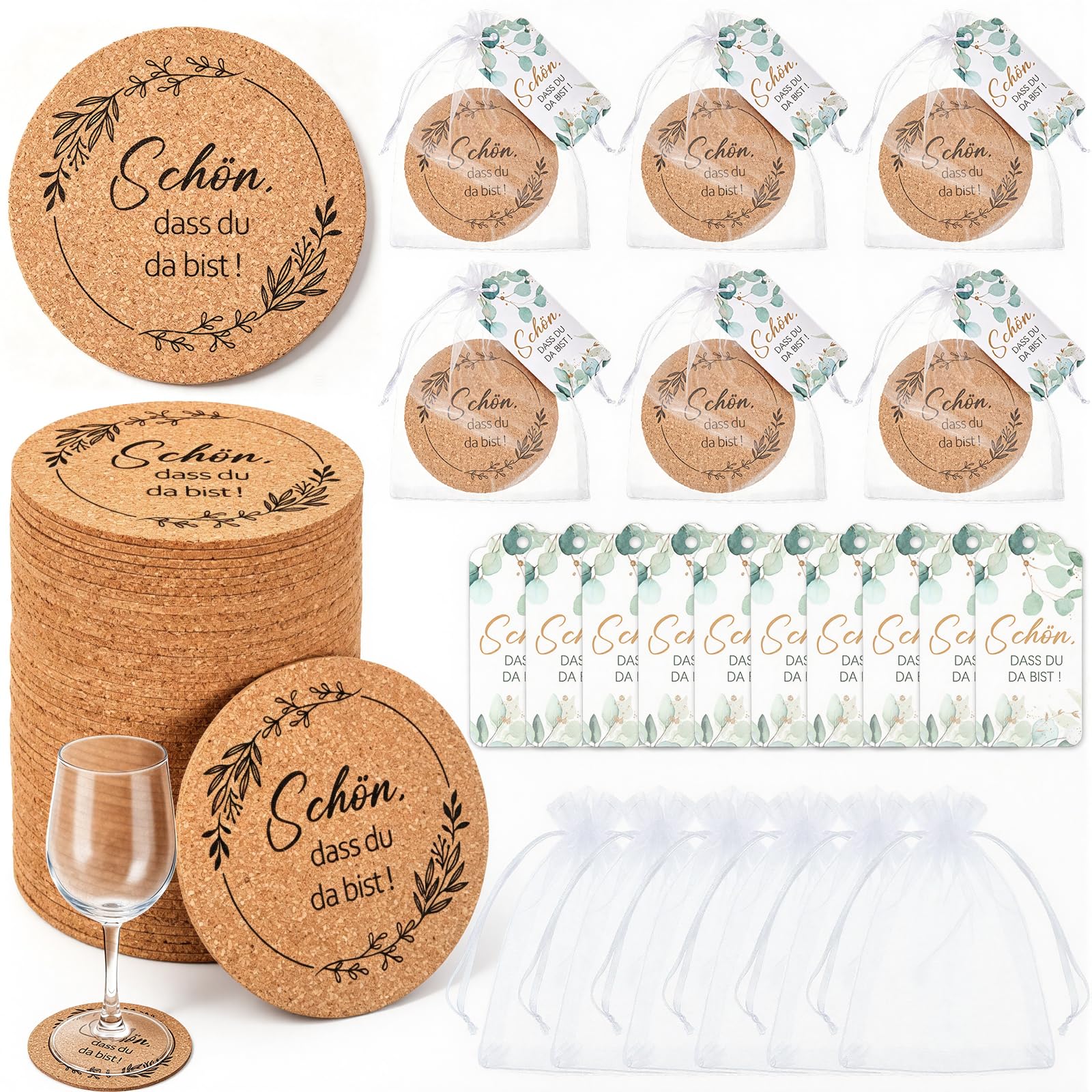 BBTO 50 sous Verres en Liège pour Cadeaux de Mariage avec Carte et Sachet en Organza sous-Verres pour Communion Décorations de Baptême Cadeau d'anniversaire Décorations de Table pour Garden