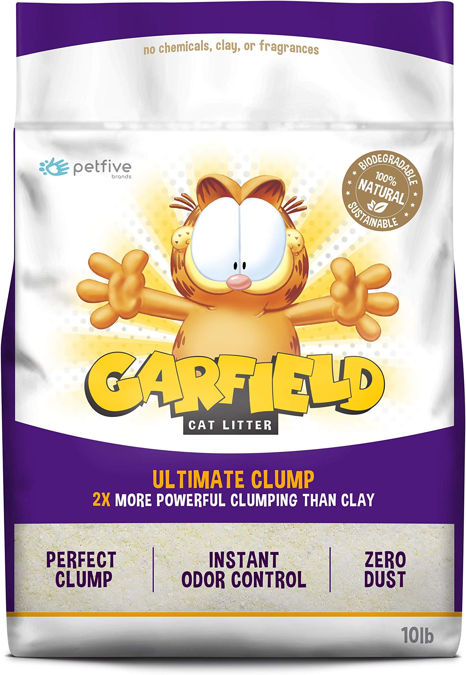 Garfield Cat Litter Petfive Ultimate Clump, All Natural, Fast Clumping, Good for Multi-Cat Homes, Small Grains, 10 lbs