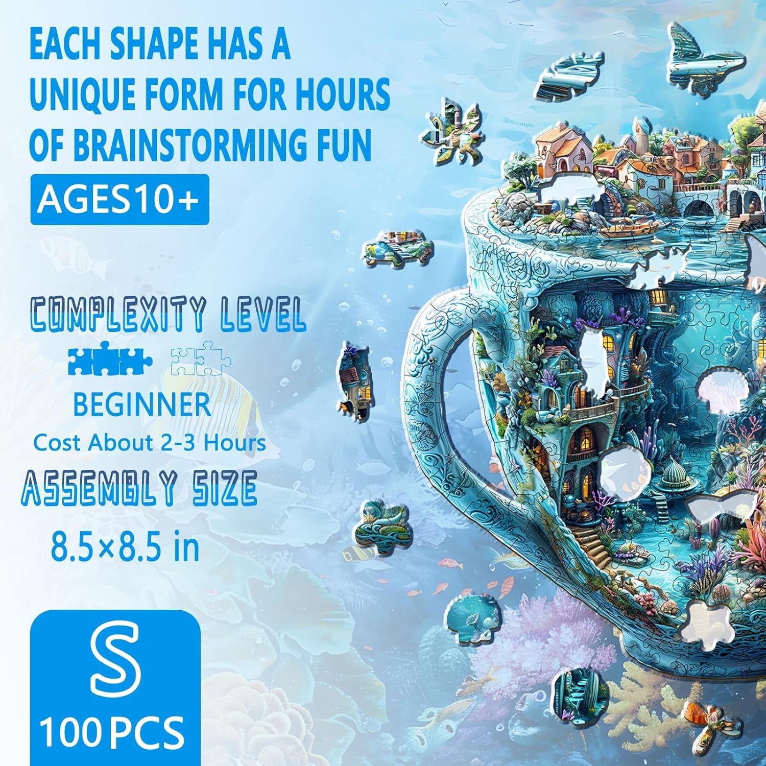 Wooden Puzzles for Adults, Ocean Mug Wooden Jigsaw Puzzle for Adults, Unique Shaped Wood Puzzles Adult, Dreamy City Scenery Puzzle, Fun Gifts & Home Decor (S-8.5 * 8.5in - 100 pcs)