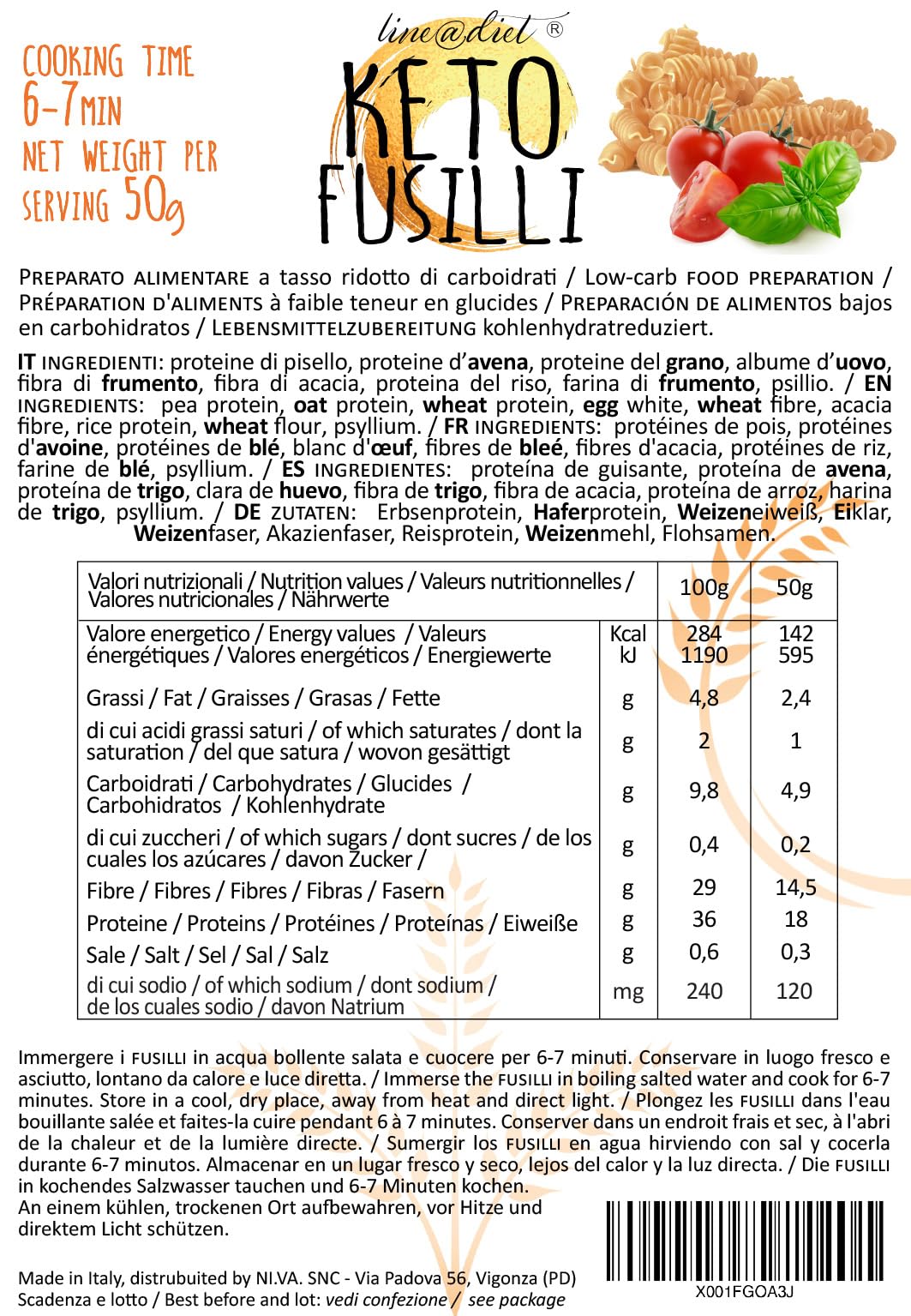FUSILLI KETO Line@diet Fusilli Cetogénico 7x50g 350g Bajo en Carbohidratos 0.2g Azúcar Rico en Fibra y Proteínas