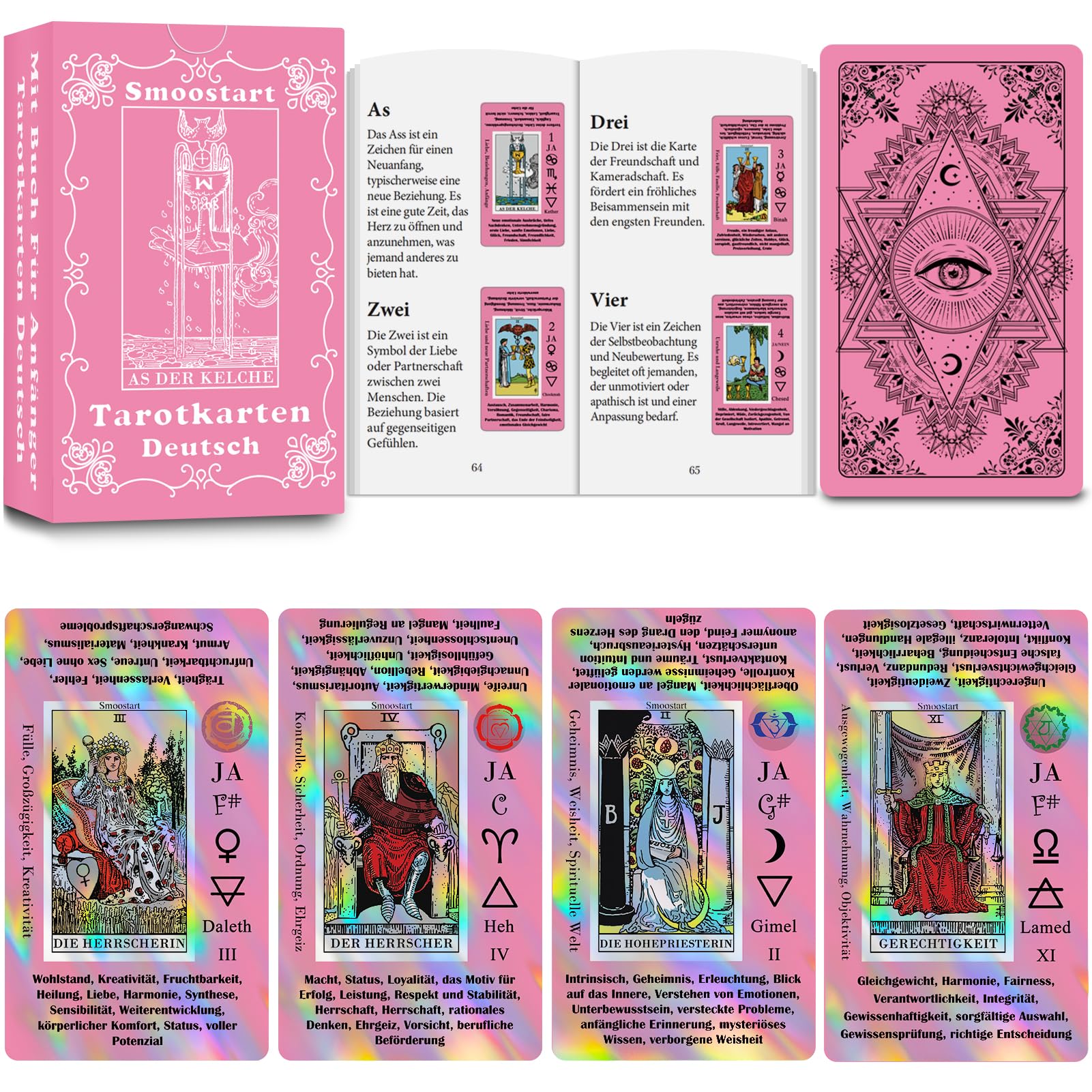 Smoostart Rosa Tarotkarten Deutsch Mit Bedeutungen, Holografische Tarotkarten Für Anfänger Mit Leitfaden, Schlüsselwörter, Element, Planet, Chakra, Ja Oder Nein, Musikalische Tonhöhe, Numerologie