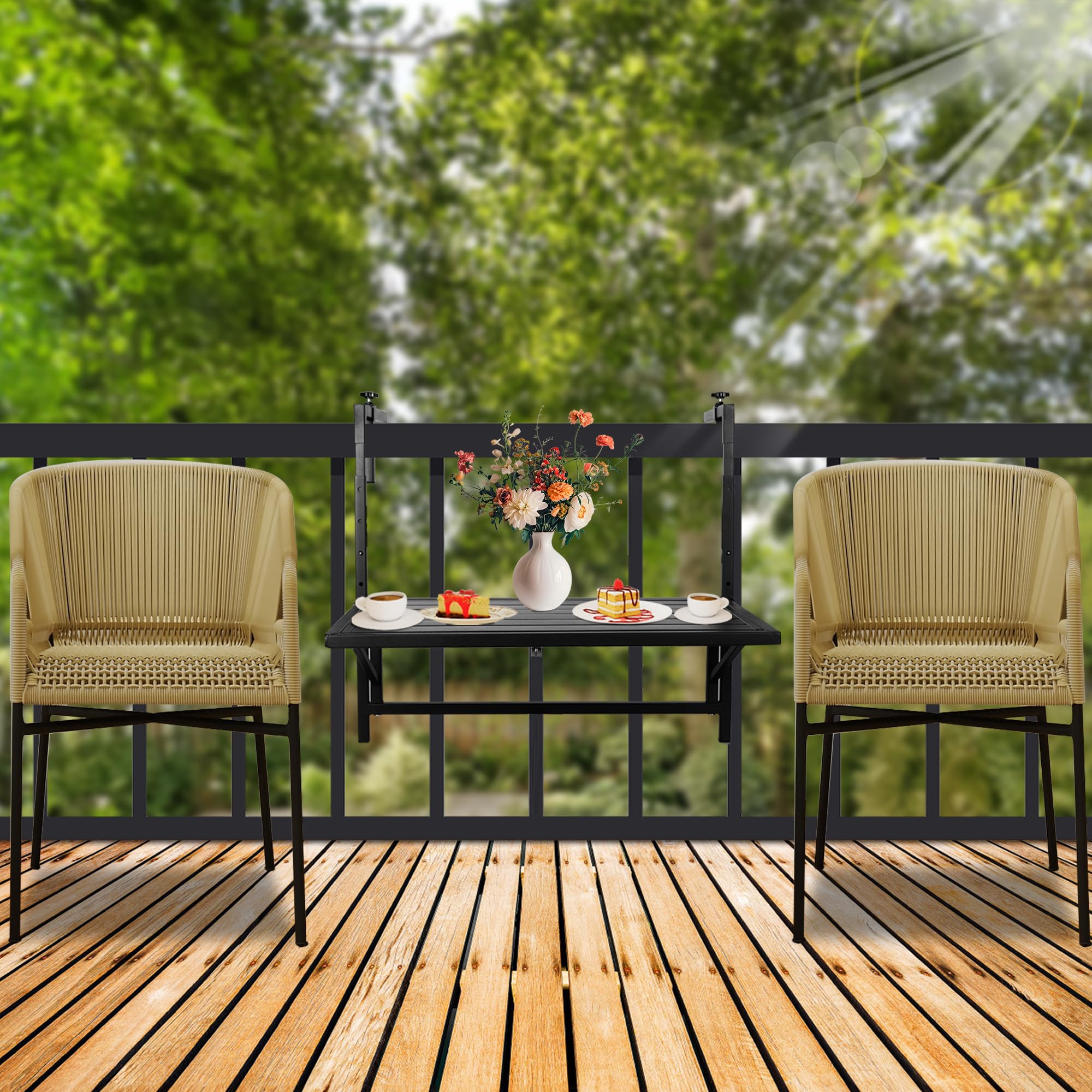 Tavolo da balcone pieghevole da appendere, 3 livelli regolabili in altezza, tavolo da giardino da appendere, 2 funzioni di utilizzo, struttura triangolare stabile, tavolo da esterno, balcone,