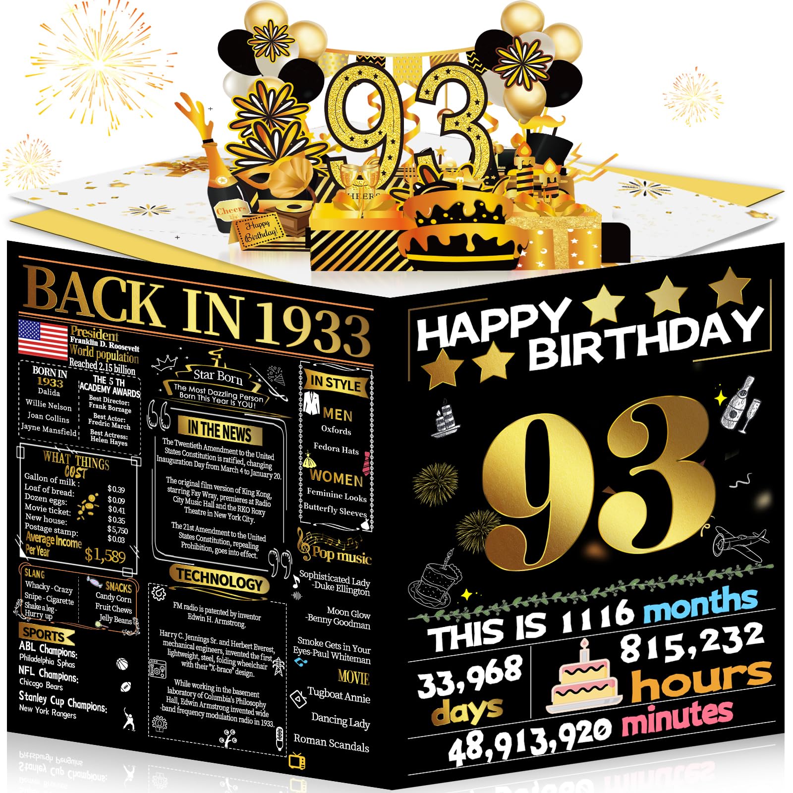 Joycard 93rd Birthday Card for Women Men, 3D Pop Up Happy Birthday Gift for Grandpa Grandma, Funny 93 Year Old Birthday Decorations for Mother Dad, Back in 1933 Laser Gold Retro Theme