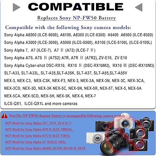 Miniatura 3 de AC PW20 Adaptador de corriente NP-FW50 Kit de batería ficticia, para Sony Alpha A6000 A6100 A6300 A6400 A6500 A5100 7 A7 A72 A7S A7S II A7R II