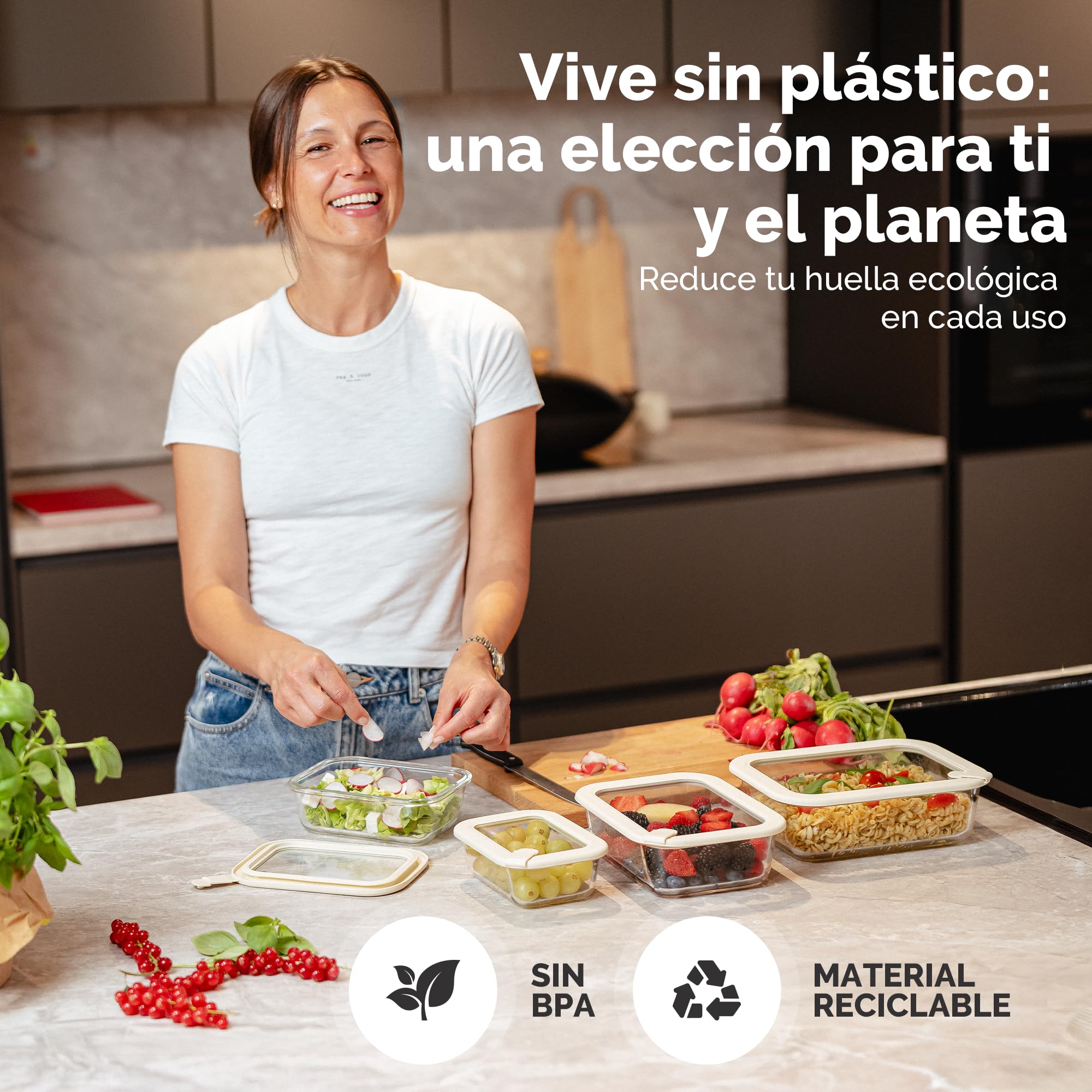 Recipiente Vidrio Borosilicato con Tapa, Set 4 (370ml, 640ml, 1020ml, 1520ml) – Fiambrera Cristal, Contenedor de Alimentos, Conservación Nevera, Organizador Cocina