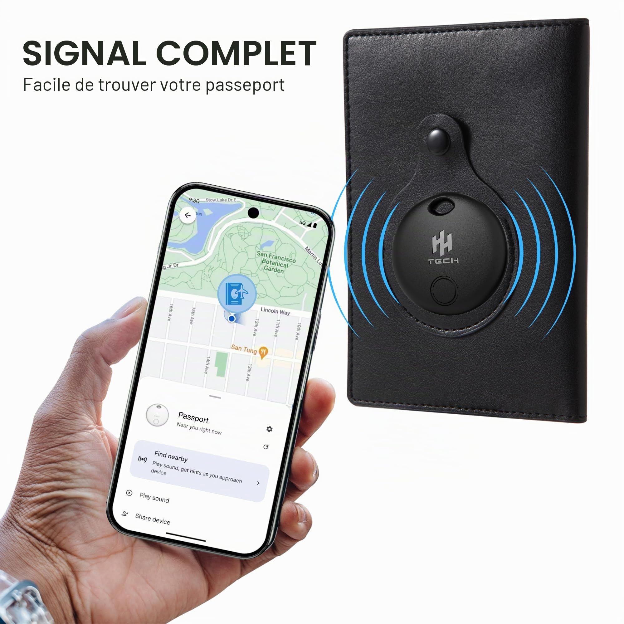 HH-Tech Lot de 4 étiquettes de suivi Android avec support de passeport gratuit, fonctionne avec Google Find Hub, Smart Tag Tracker, Key Finder, batterie remplaçable, sac de suivi, bagages, et plus