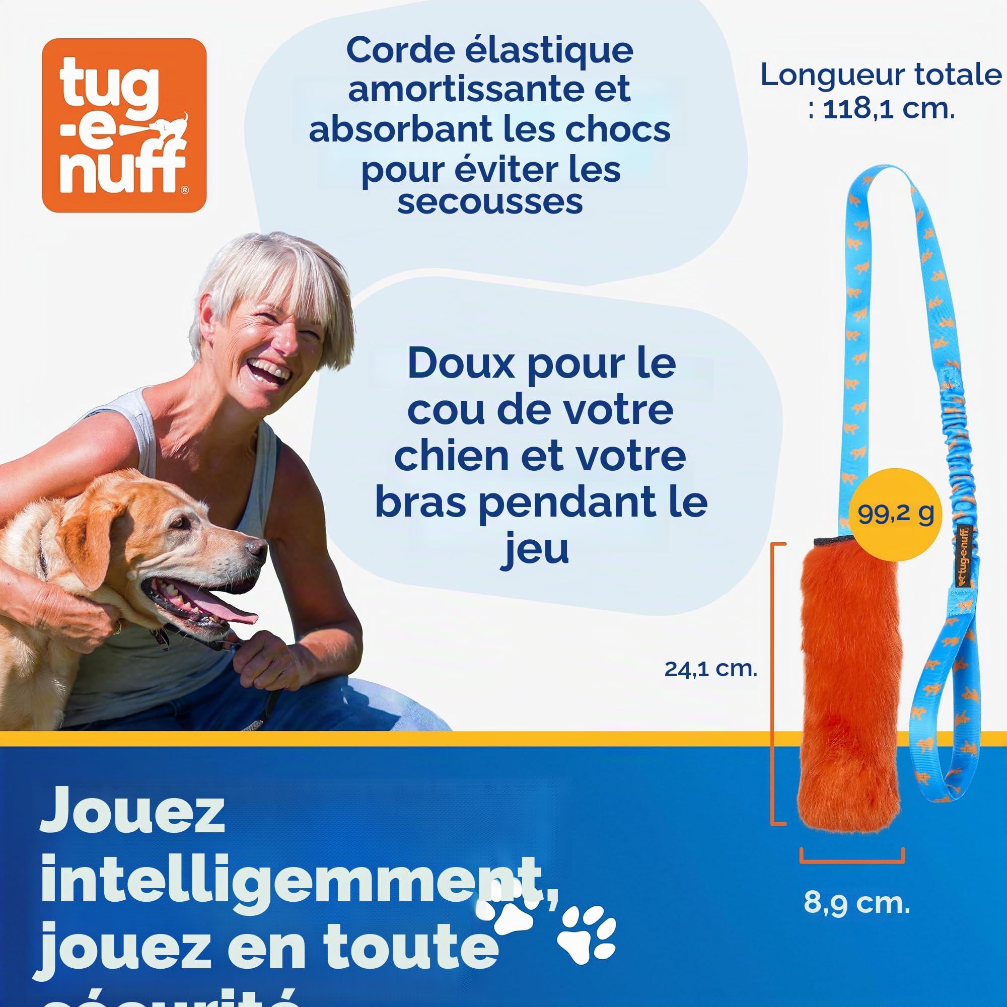 Tug-E-Nuff Jouet couineur en fausse fourrure pour chien Orange et bleu 118 cm | Jouet à tirer robuste pour chiot, petites, moyennes et grandes races, jouets de chasse interactifs pour chiens