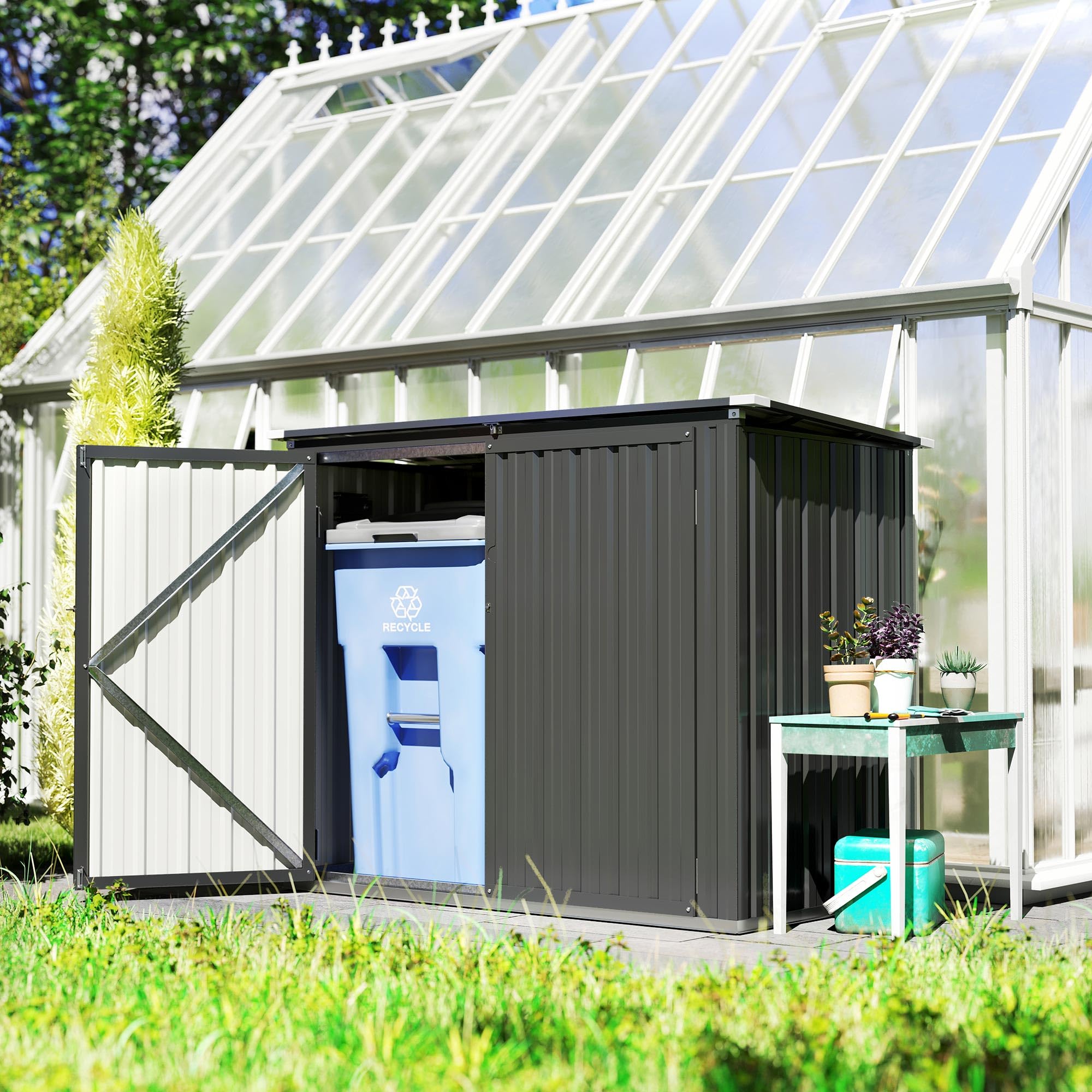 Outsunny Abri pour poubelle double, 240 l, en acier galvanisé, avec couvercle rabattable et portes verrouillables, pour jardin, extérieur, 150 x 80 x 117 cm, gris foncé