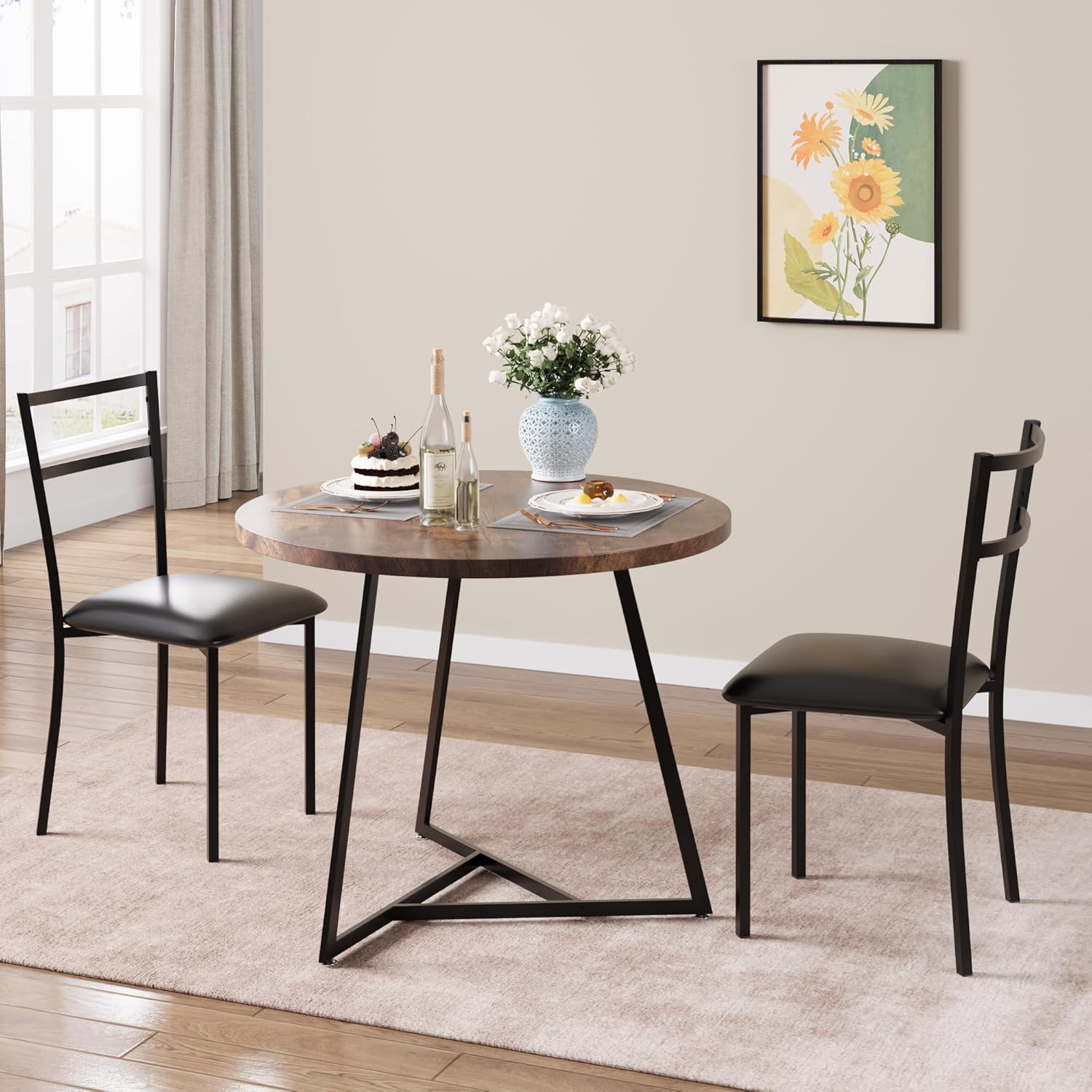 IDEALHOUSE Dining Table Set, Kitchen Table and Chairs for 2, Round Dining Room Table Set with 2 Upholstered Chairs, 3 Piece Kitchen Table Set for Small Space, Apartment, Studio, Rustic Brown