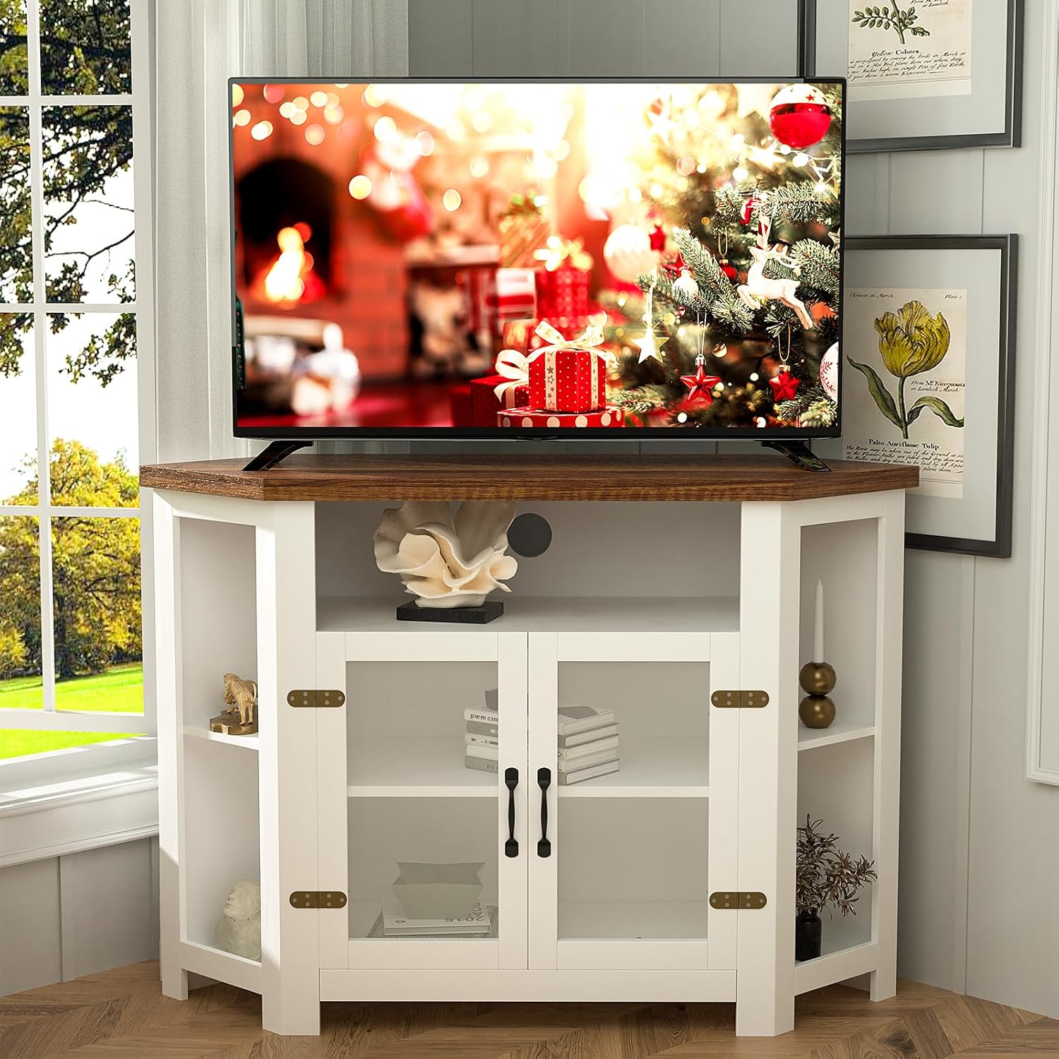 Visionwards Corner TV Stand, 48 Inc White Corner TV with 2 Door and Shelves