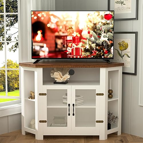 Miniatura 1 de Visionwards Soporte esquinero para TV, armario de TV esquinero blanco de 48 pulgadas con 2 puertas y estantes, mesa pequeña para consola multimedia,