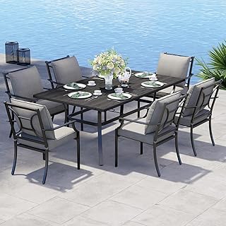 Grand patio 7-Piece Patio Dining Set for 6, E-Coated Outdoor Fixed Dining Set with Olefin Cushions,1 Rectangular Dining Table, Black with Umbrella Hole