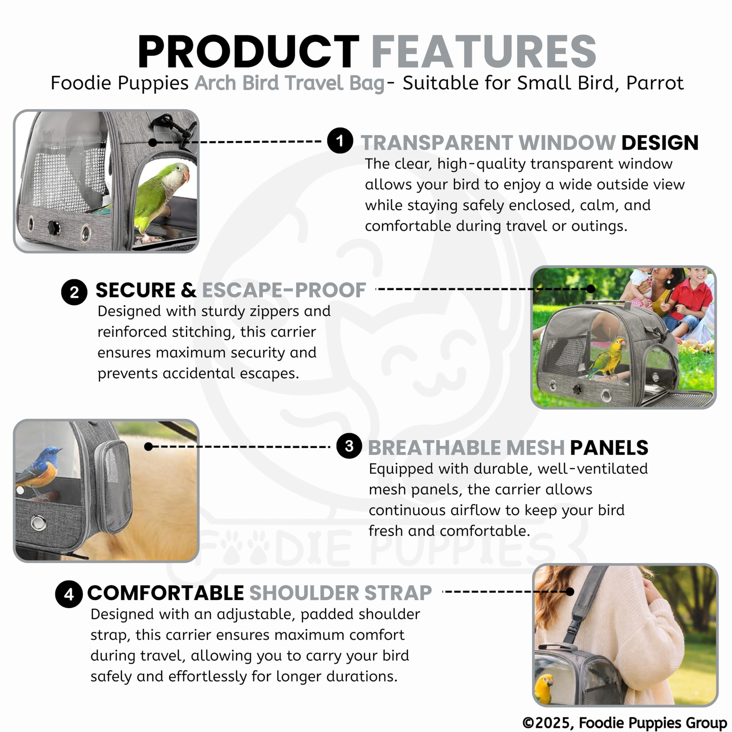 Foodie Puppies Bird Travel Carrier Bag with Wooden Perch and Tray - (Grey), (32x25x25cm) | Airline Approved, Ventilated and Transparent Window | Carrier Hand Bag for Hiking & Outdoor Adventures 2
