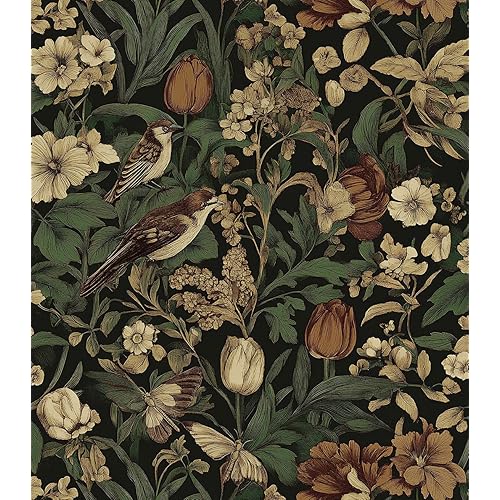 Erfoni 17.3" x118" Vintage Floral Peel and Stick Wallpaper Dark Floral and Bird Contact Paper DIY Self Adhesive Removable Wallpaper for Bedroom Cabinets Decor Retro Boho Flower Leaf Wall Paper