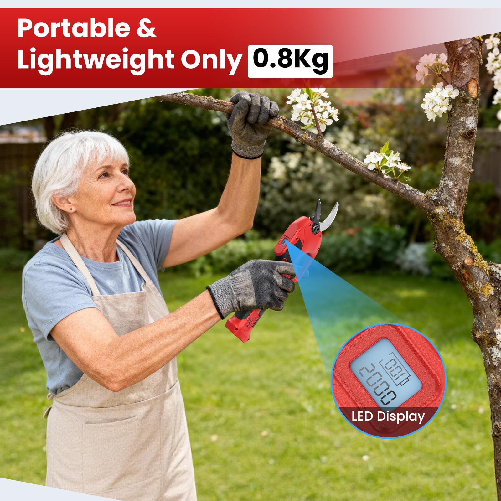 Professionelle Bypass Akku Gartenschere, 2000mAh Elektrische Gartenschere, 41 mm Gehärtete Stahlklinge Akku Astschere für Einfaches und Müheloses Schneiden von bis 23 mm Aststärke, Robustes Werkzeug