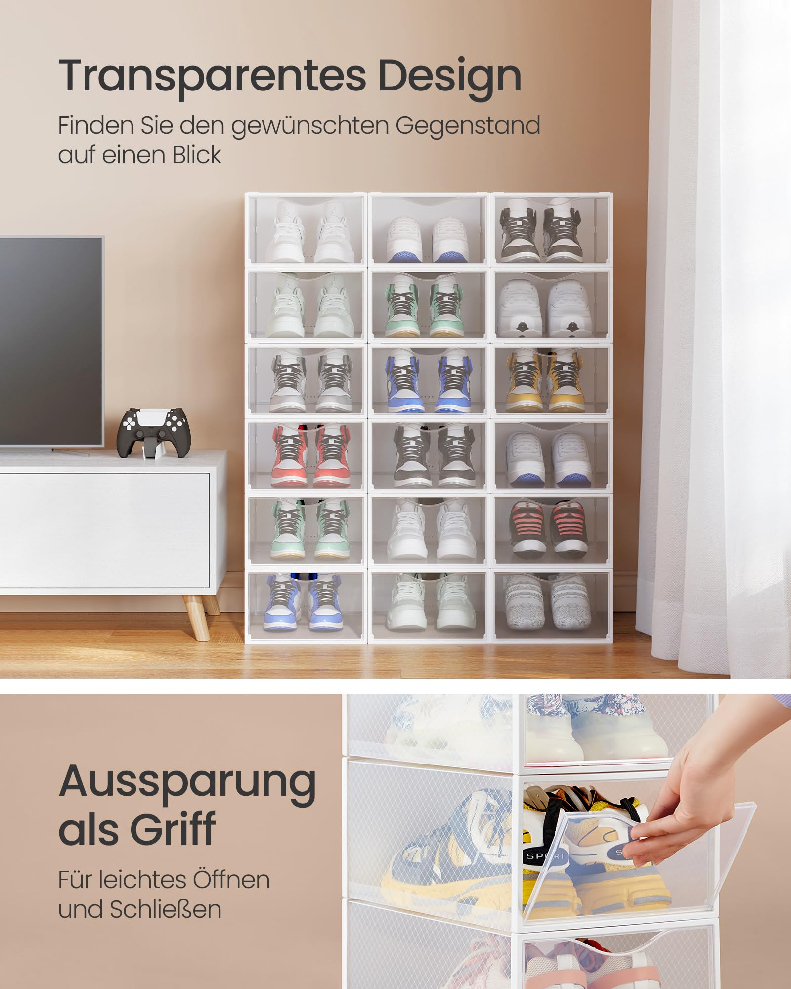 SONGMICS Schuhboxen, Schuh-Organizer aus Kunststoff, mit Tür, durchsichtig, 18er Set, stapelbar, einfache Montage, 33,2 x 23 x 14,5 cm, für Schuhe bis Größe 43, transparent-wolkenweiß LSP318W01